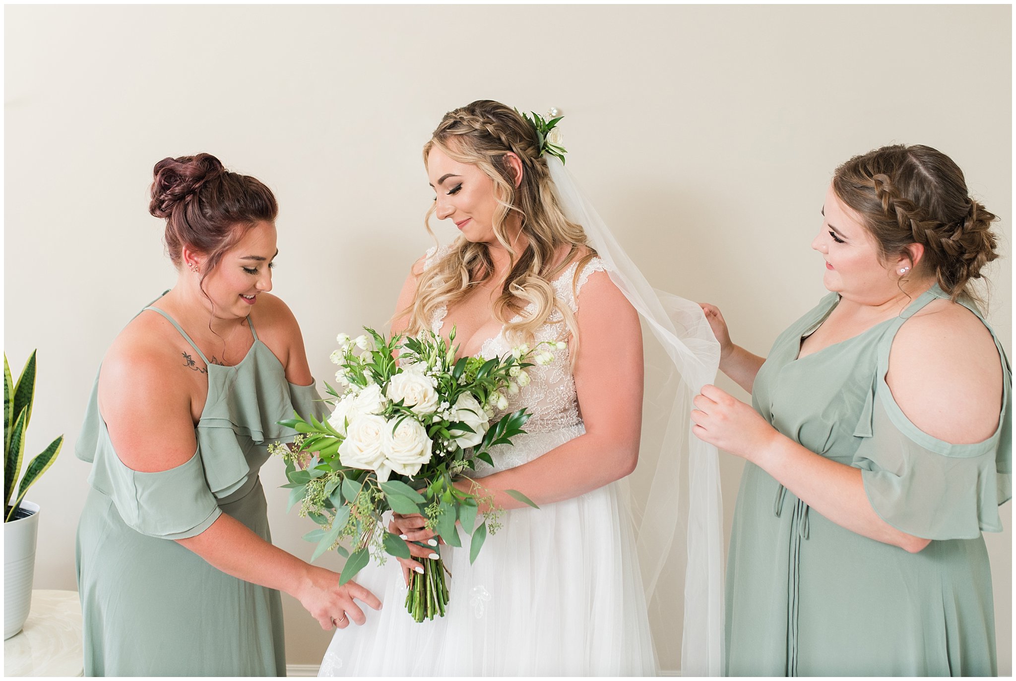 Bride and bridesmaids getting ready wearing sage green dresses | Sage Green and Gray Summer Wedding at Oak Hills | Jessie and Dallin Photography