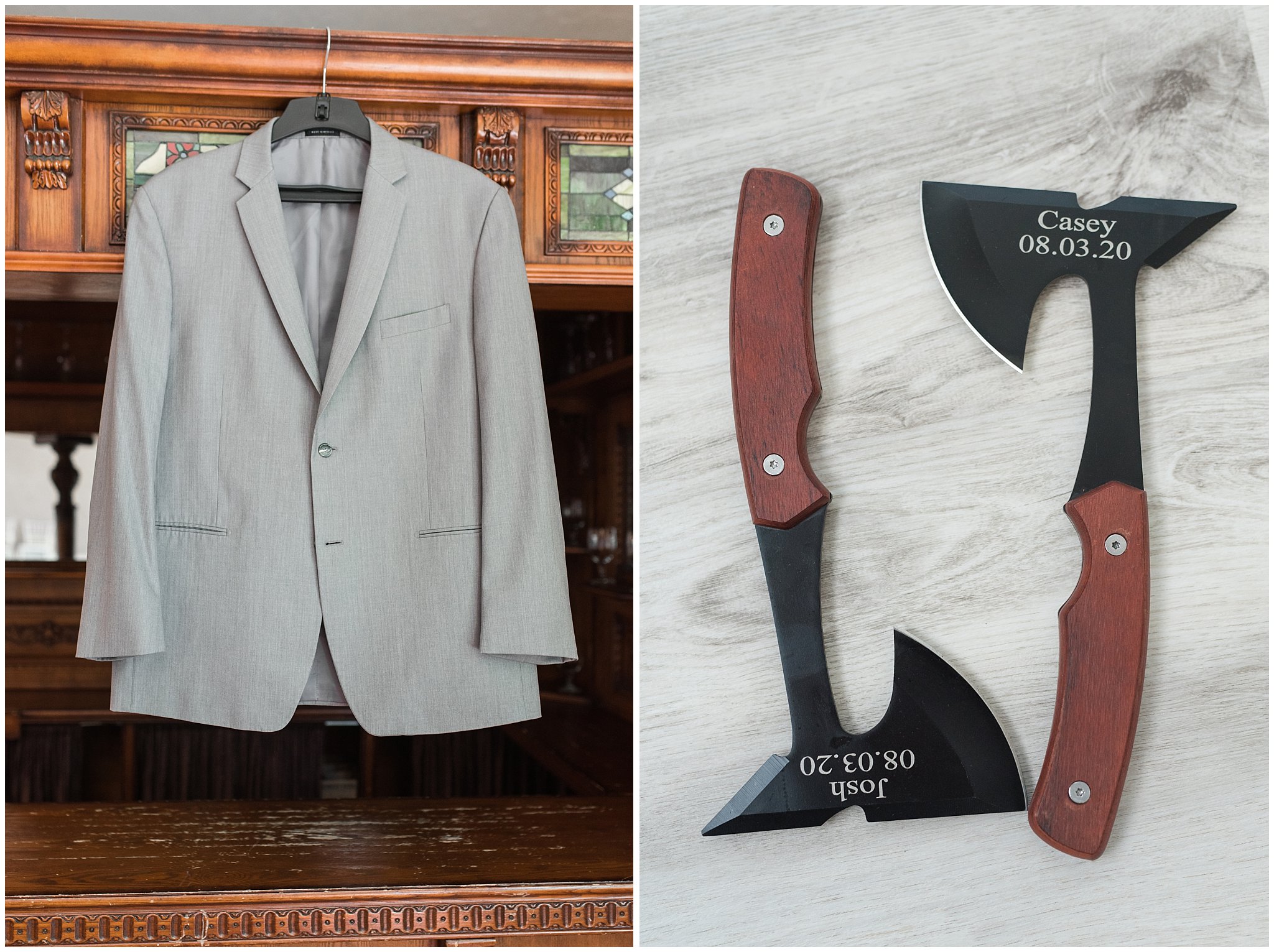 Groom details hanging on bar and groomsmen ax gifts | Sage Green and Gray Summer Wedding at Oak Hills | Jessie and Dallin Photography