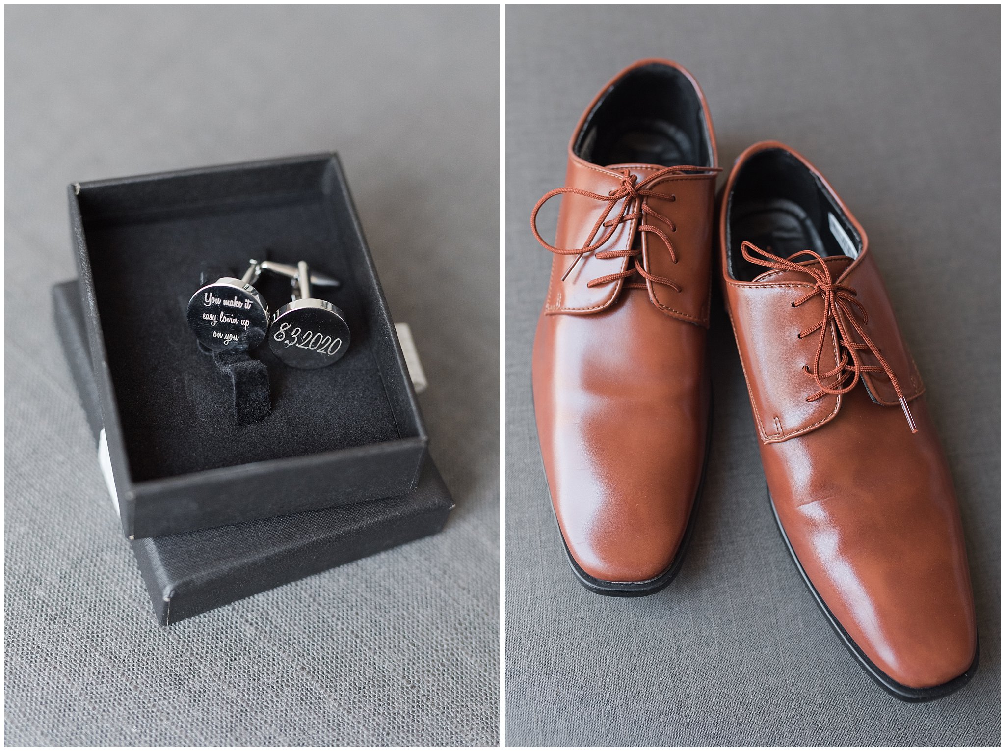 Groom details of cognac shoes and custom cufflinks with message | Sage Green and Gray Summer Wedding at Oak Hills | Jessie and Dallin Photography