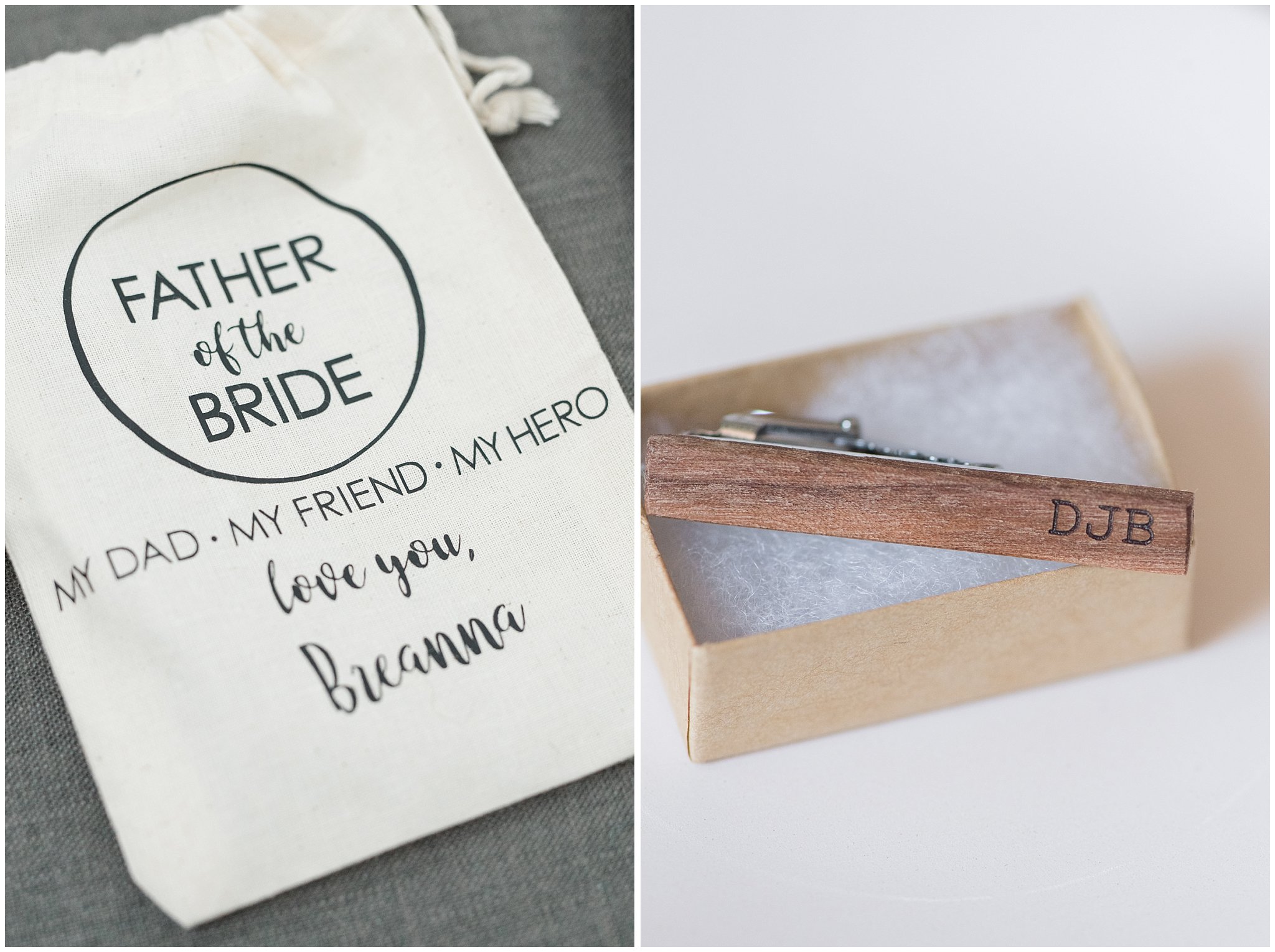 Custom tie bar with initials as gift for father of the bride | Sage Green and Gray Summer Wedding at Oak Hills | Jessie and Dallin Photography