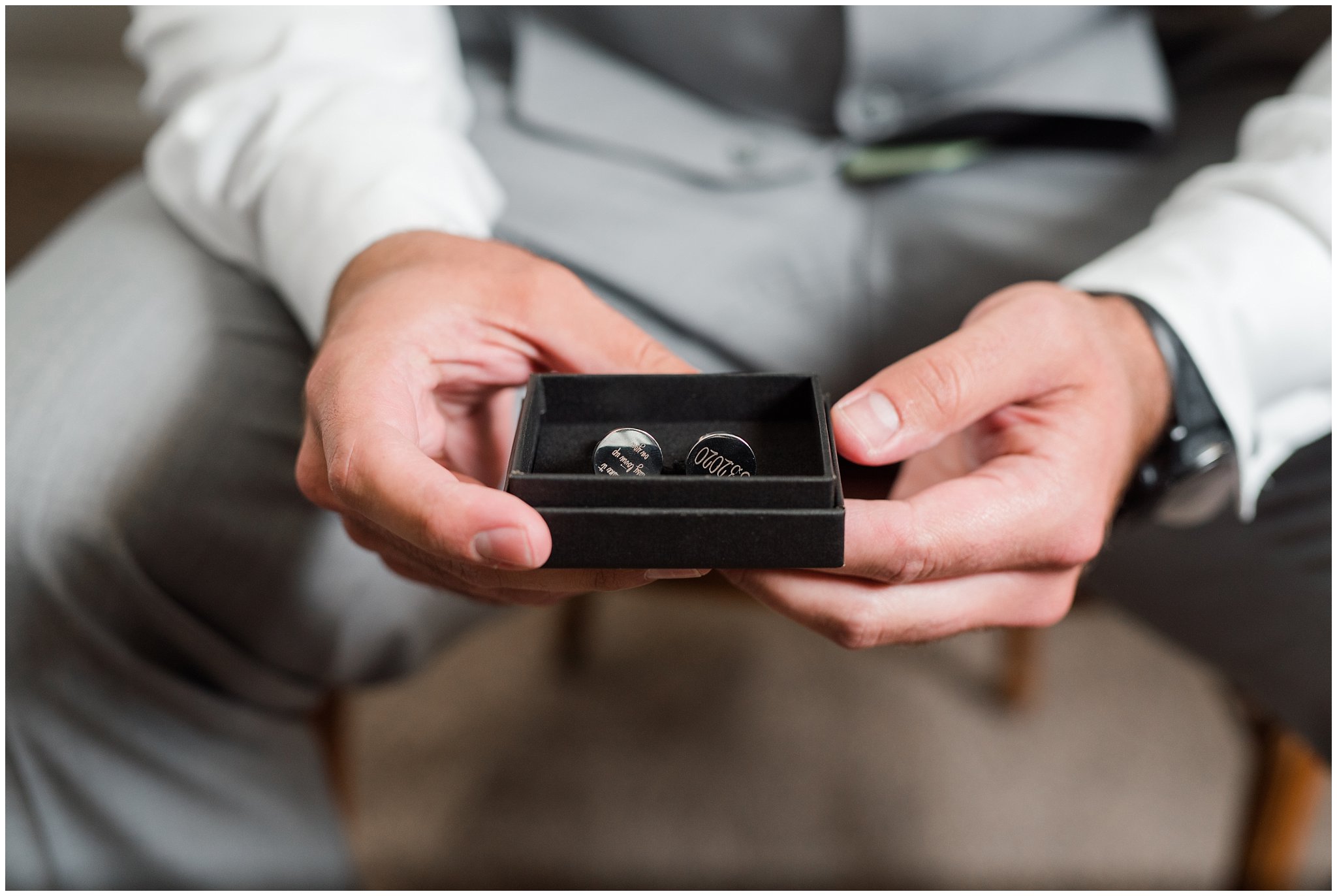 Groom opening gift of custom cufflinks with message | Sage Green and Gray Summer Wedding at Oak Hills | Jessie and Dallin Photography
