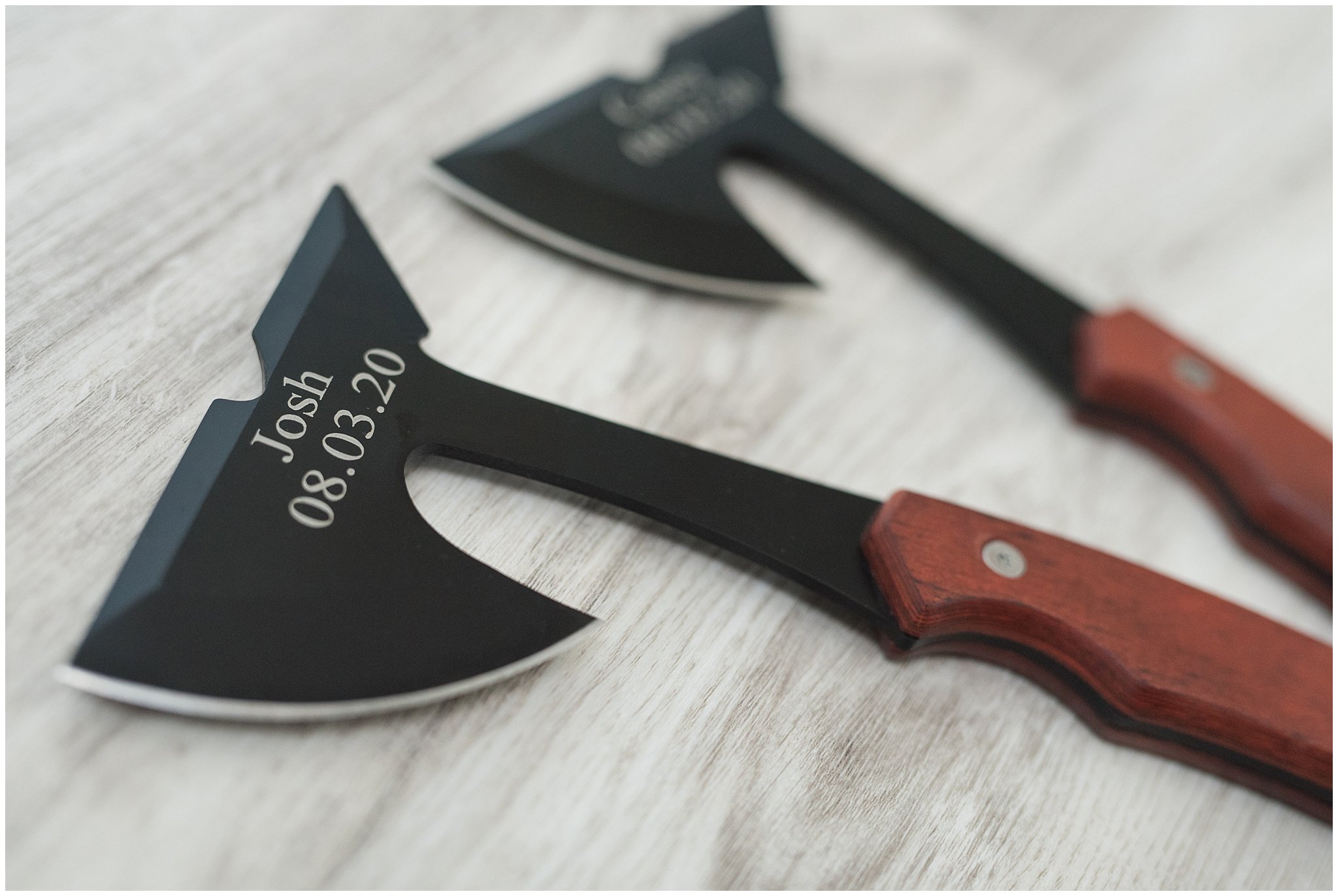 Groomsmen gift axes with names | Sage Green and Gray Summer Wedding at Oak Hills | Jessie and Dallin Photography