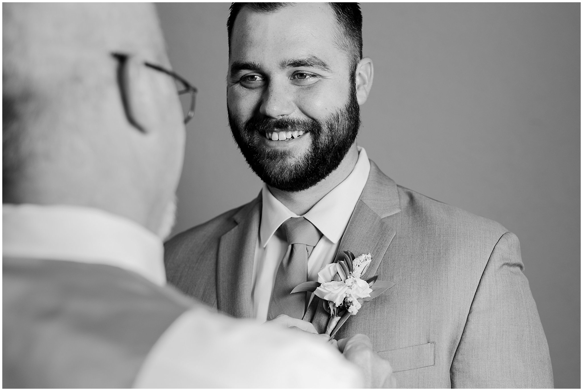 Groom with dad getting ready | Sage Green and Gray Summer Wedding at Oak Hills | Jessie and Dallin Photography