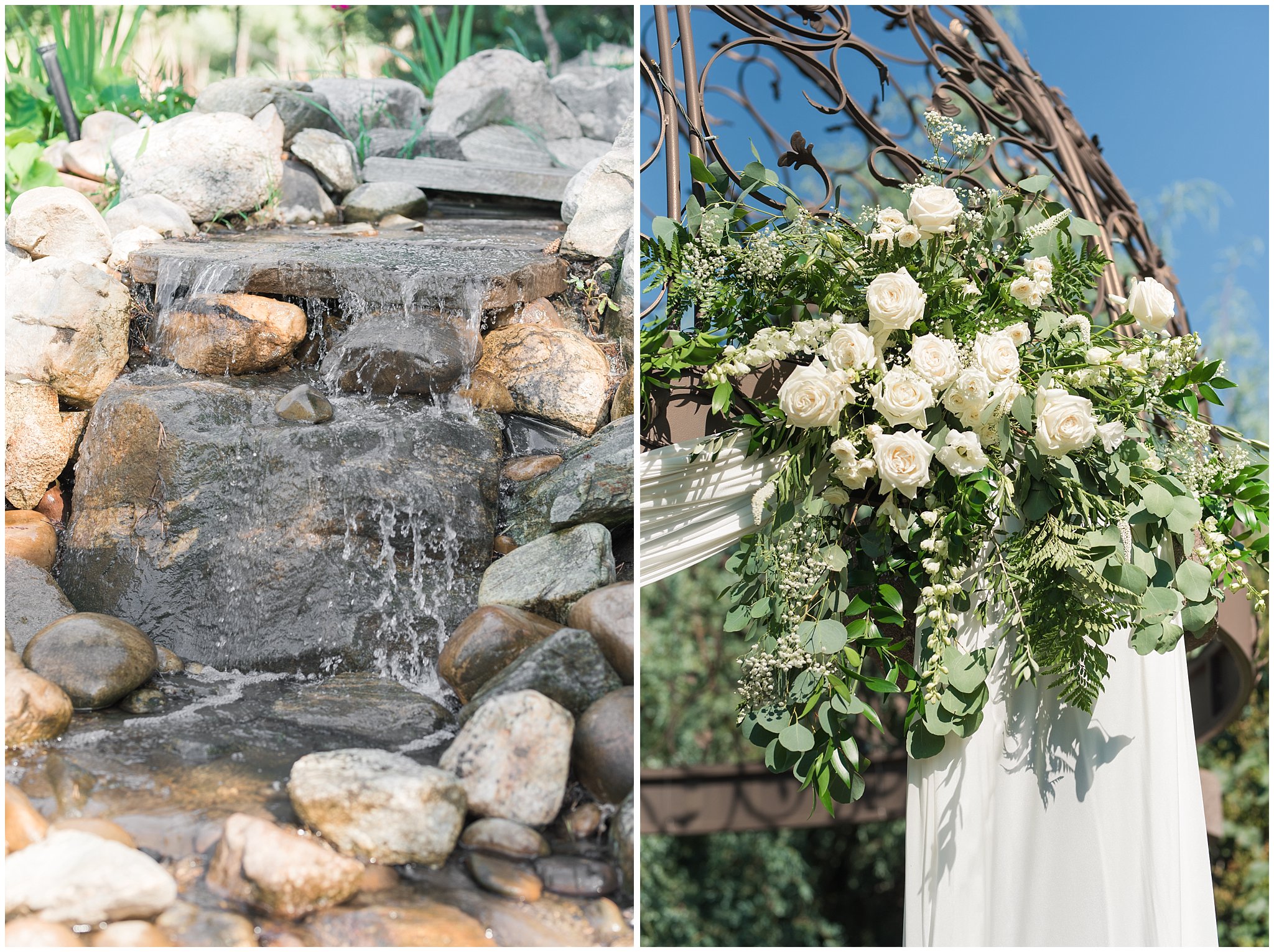 Ceremony site at Oak Hills with arch with white floral pieces | Sage Green and Gray Summer Wedding at Oak Hills | Jessie and Dallin Photography