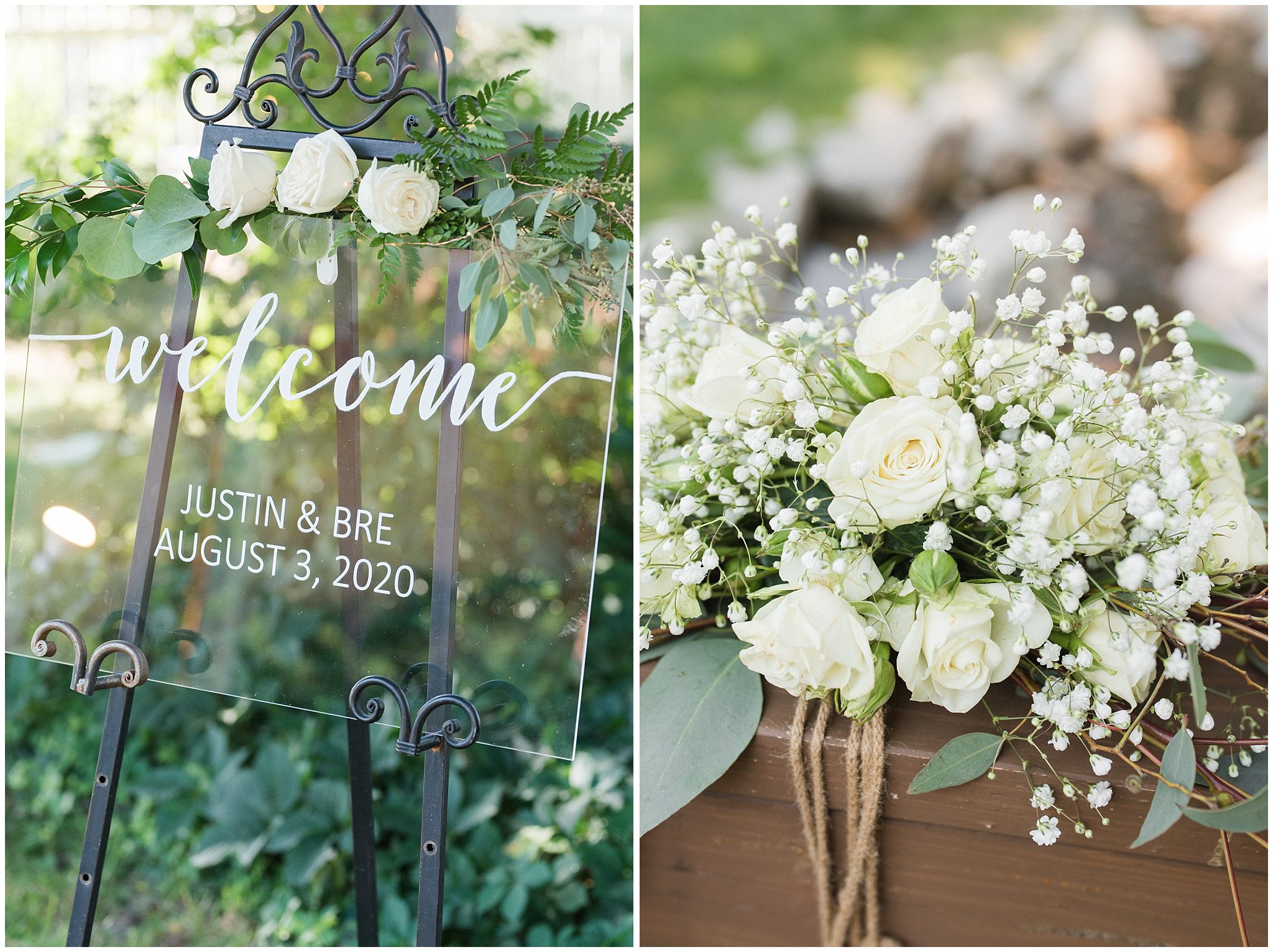 Acrylic glass wedding welcome sign and white floral pieces | Sage Green and Gray Summer Wedding at Oak Hills | Jessie and Dallin Photography