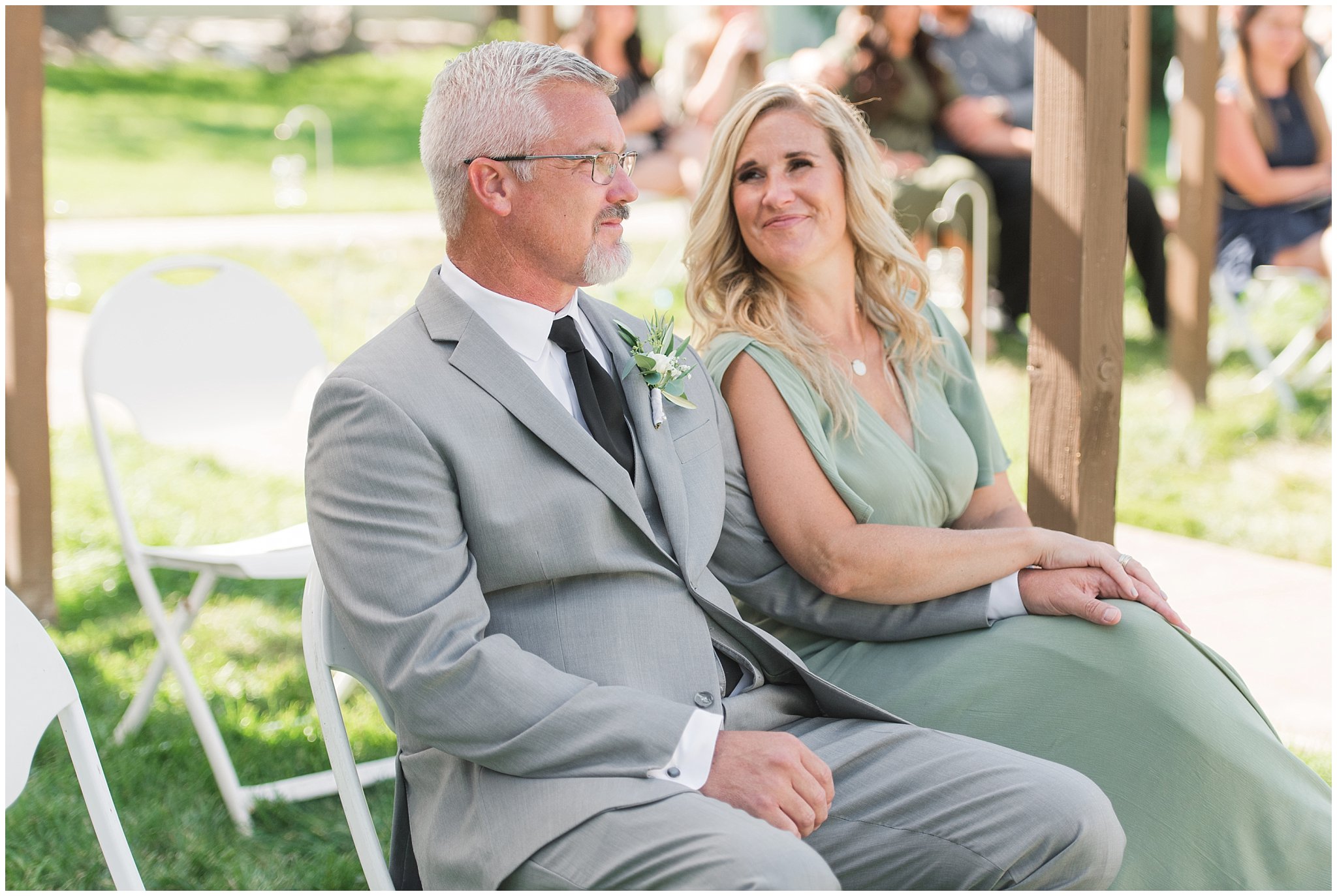 Ceremony at Oak Hills Utah with gray suits, sage green ties, and a champagne wedding dress | Sage Green and Gray Summer Wedding at Oak Hills | Jessie and Dallin Photography