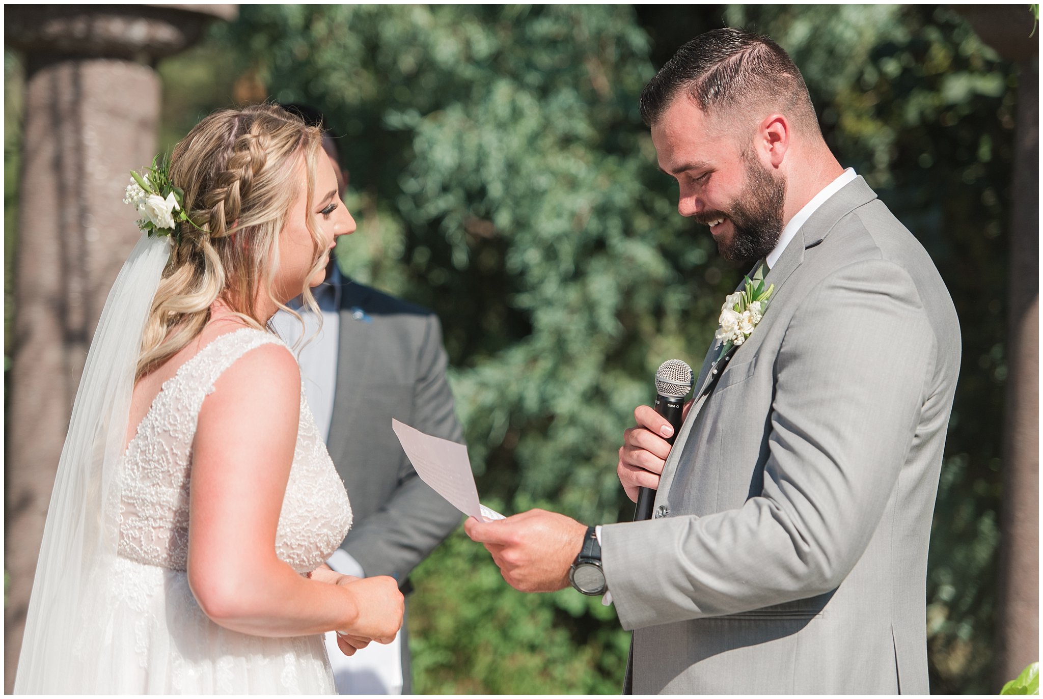 Ceremony at Oak Hills Utah with gray suits, sage green ties, and a champagne wedding dress | Sage Green and Gray Summer Wedding at Oak Hills | Jessie and Dallin Photography