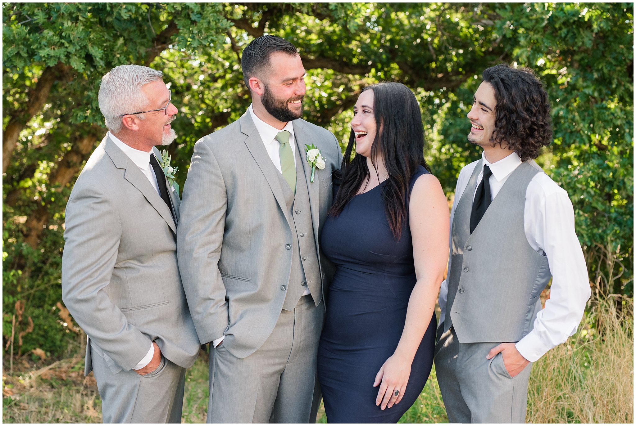 Family portraits outdoors in the woods | Sage Green and Gray Summer Wedding at Oak Hills | Jessie and Dallin Photography
