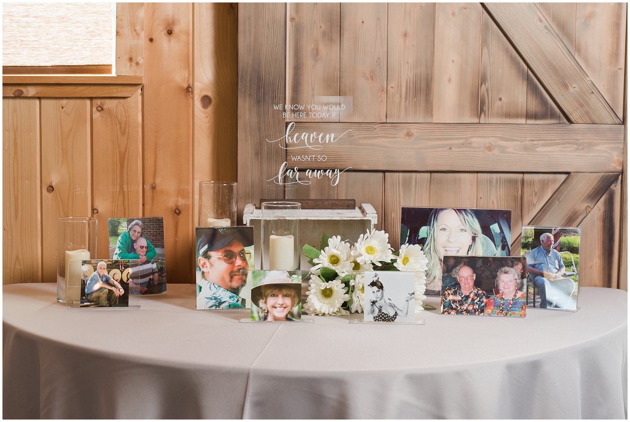 Acrylic glass sign for loved ones that have passed on | Sage Green and Gray Summer Wedding at Oak Hills | Jessie and Dallin Photography