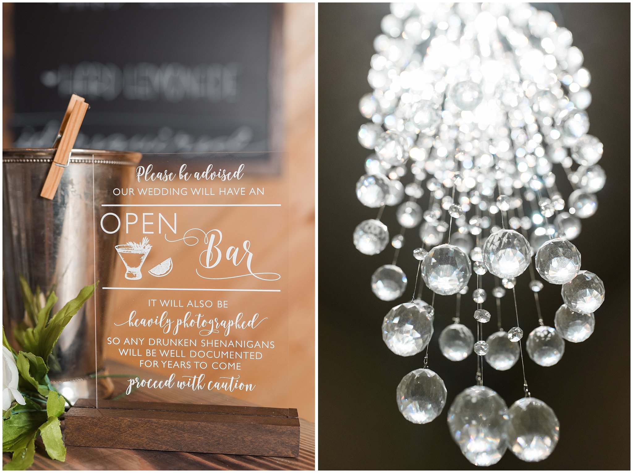 Drinking at the bar acrylic glass sign | Sage Green and Gray Summer Wedding at Oak Hills | Jessie and Dallin Photography