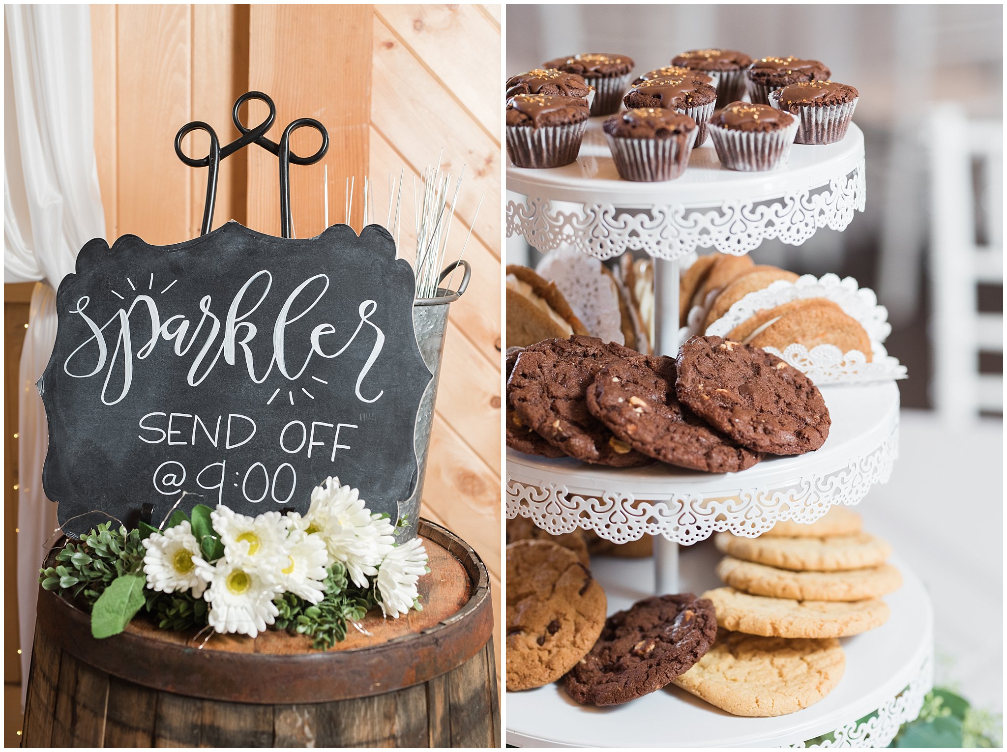 Barn reception with white linens and chairs and cookie centerpieces | Sage Green and Gray Summer Wedding at Oak Hills | Jessie and Dallin Photography
