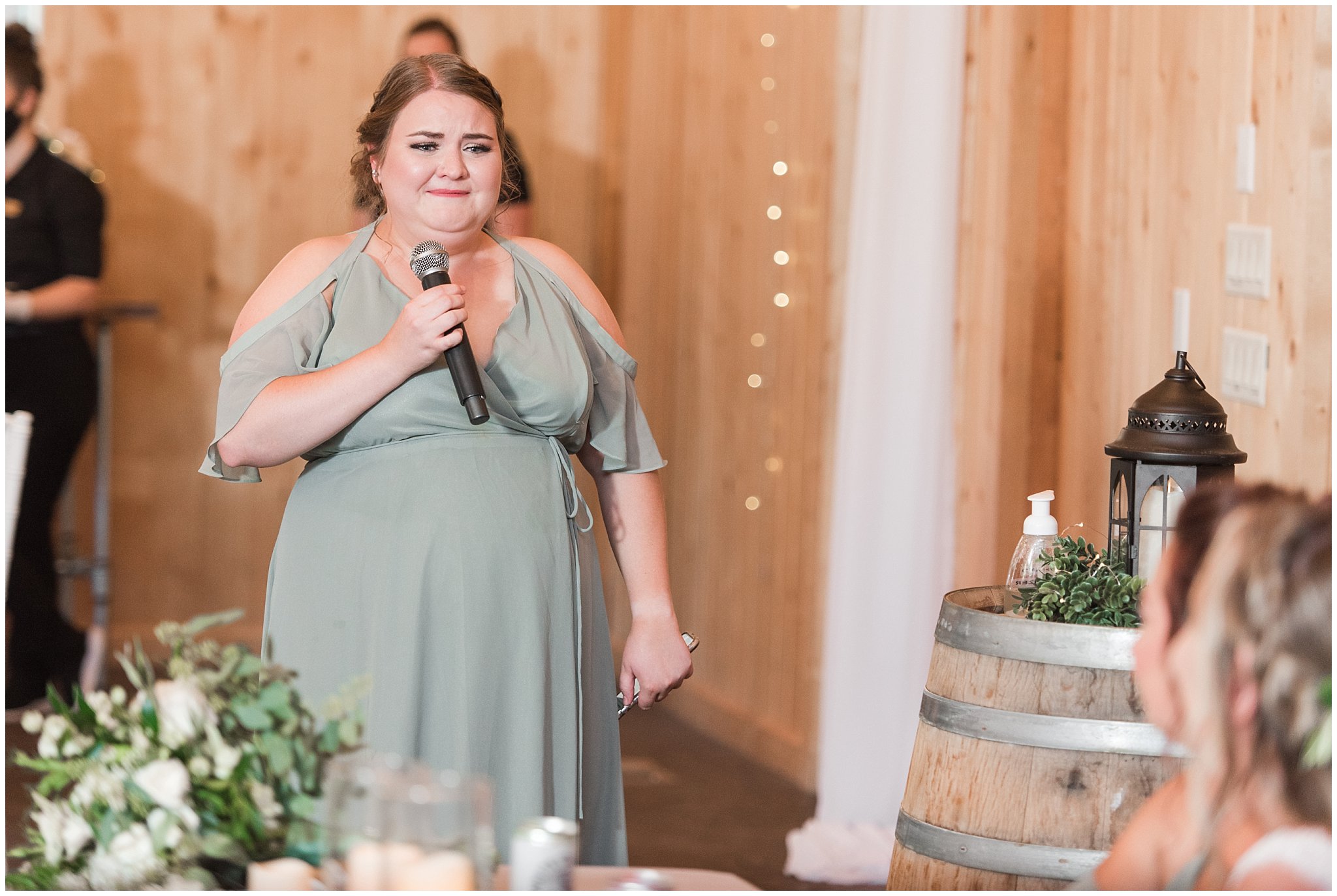 Dinner during Oak Hills wedding with toasts and reactions | Sage Green and Gray Summer Wedding at Oak Hills | Jessie and Dallin Photography