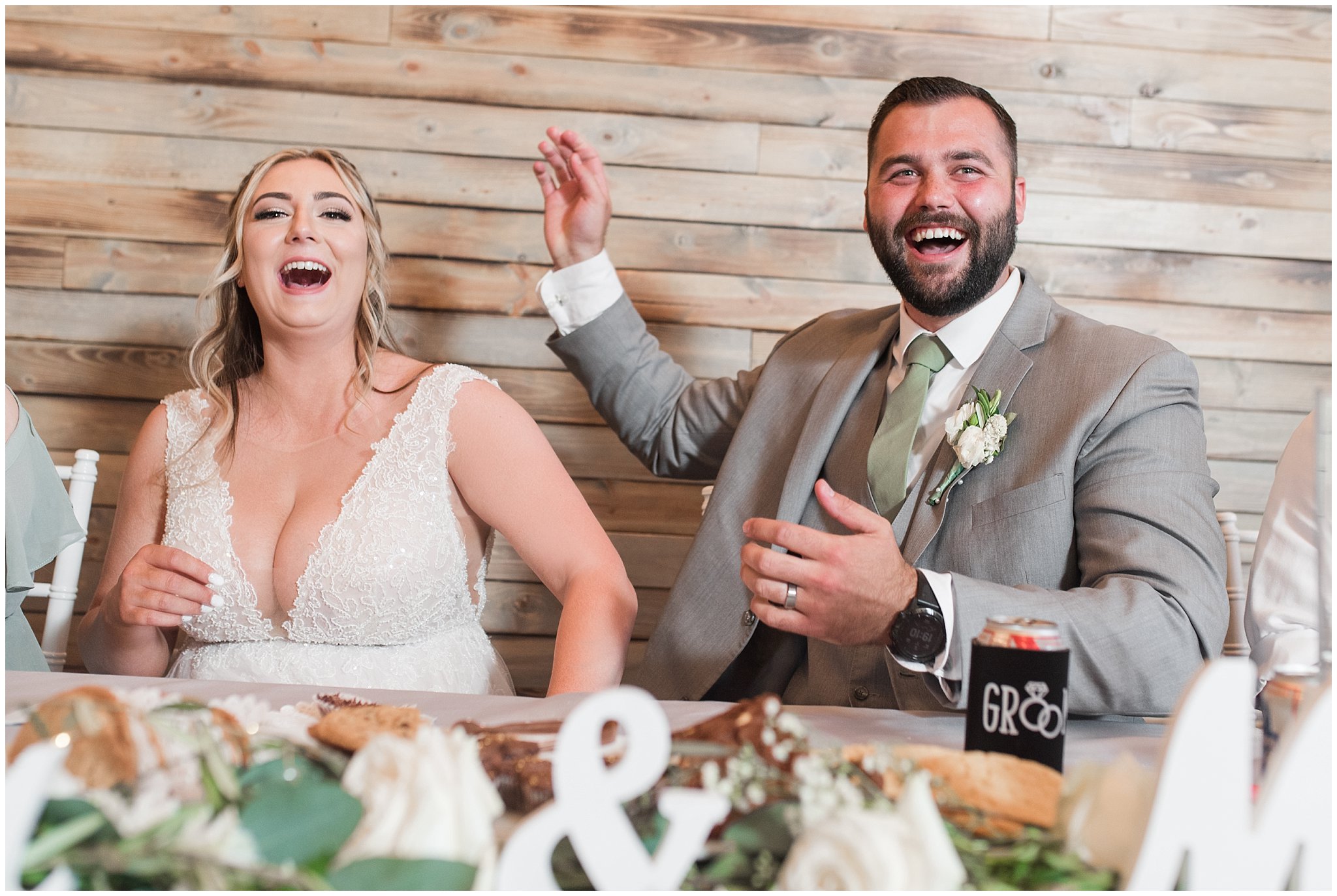 Dinner during Oak Hills wedding with toasts and reactions | Sage Green and Gray Summer Wedding at Oak Hills | Jessie and Dallin Photography
