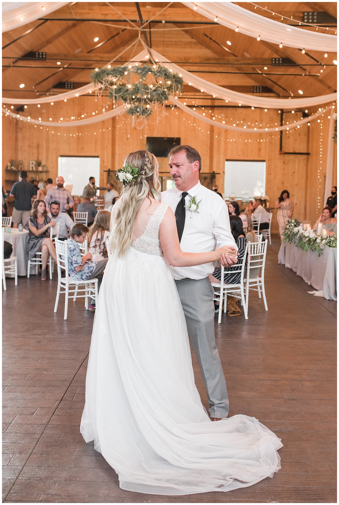 Father daughter dance during Oak Hills wedding in the barn | Sage Green and Gray Summer Wedding at Oak Hills | Jessie and Dallin Photography