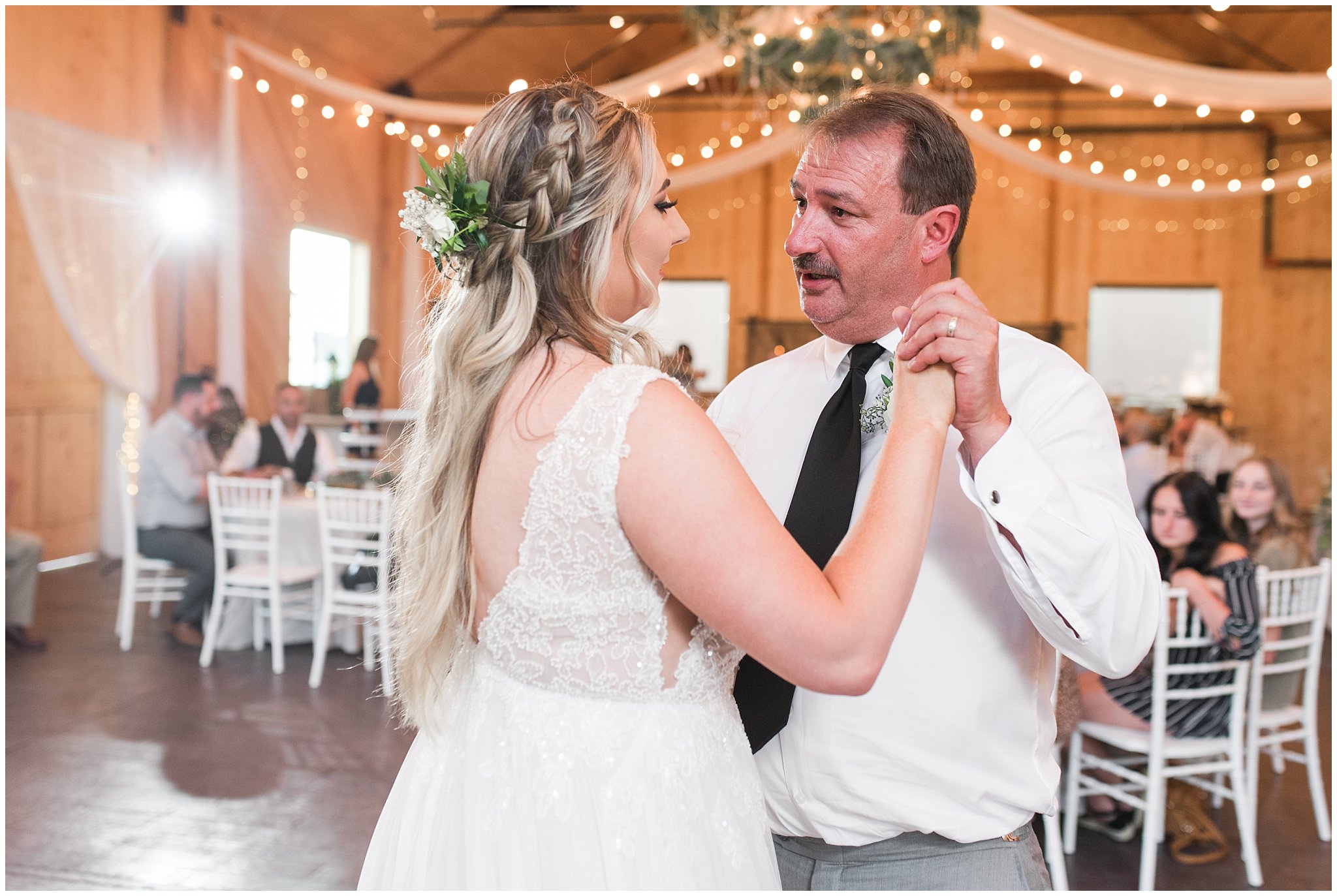 Father daughter dance during Oak Hills wedding in the barn | Sage Green and Gray Summer Wedding at Oak Hills | Jessie and Dallin Photography