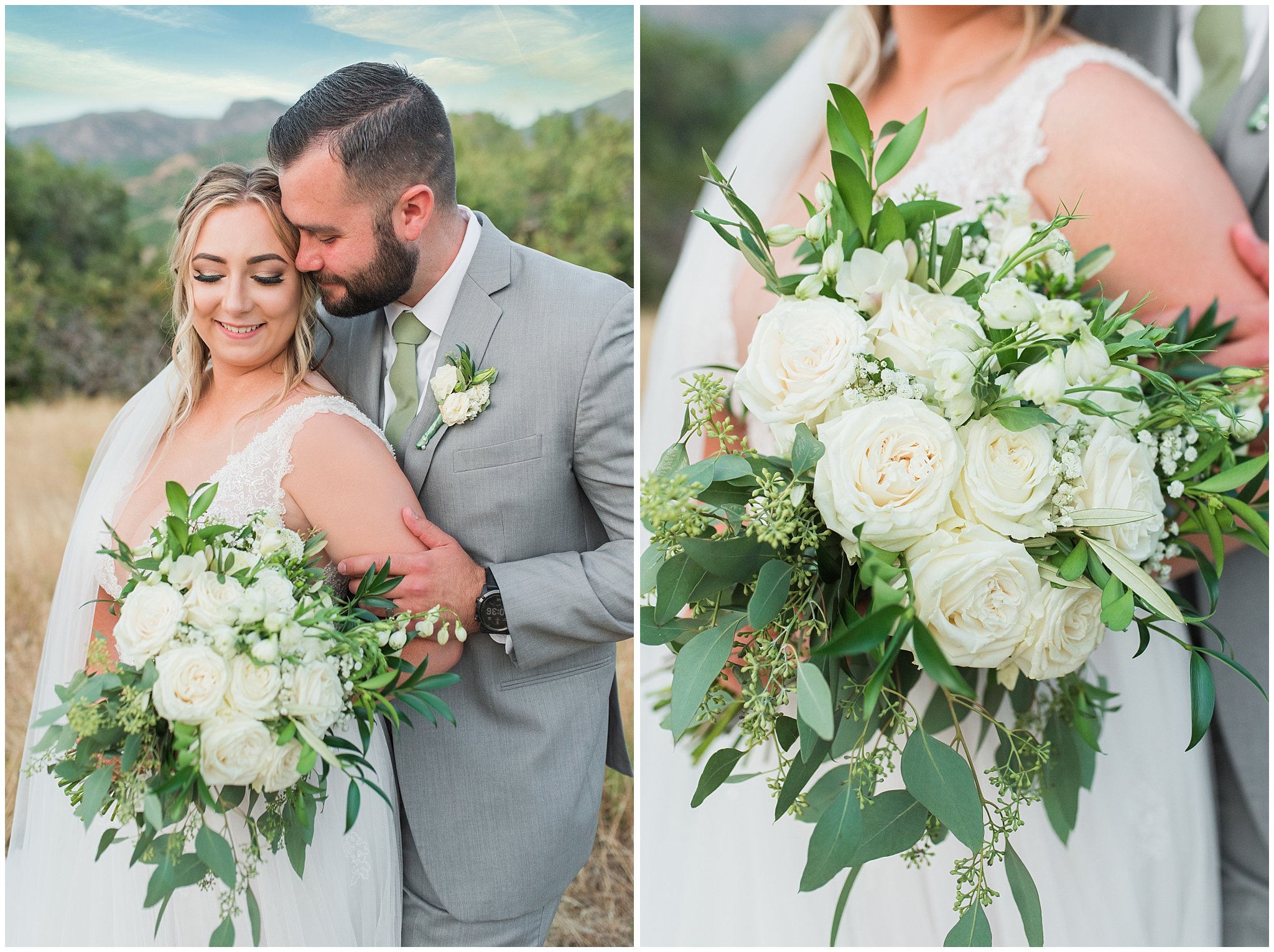 Bride and groom portraits with gray suit and champagne dress and veil and white floral bouquet in the Utah mountains | Sage Green and Gray Summer Wedding at Oak Hills | Jessie and Dallin Photography