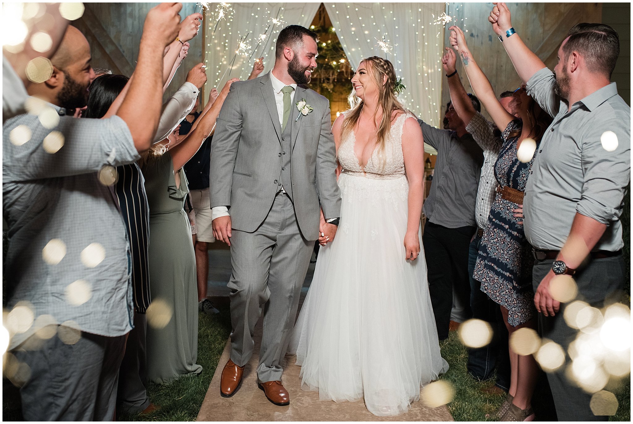Sparkler Exit Sendoff | Sage Green and Gray Summer Wedding at Oak Hills | Jessie and Dallin Photography
