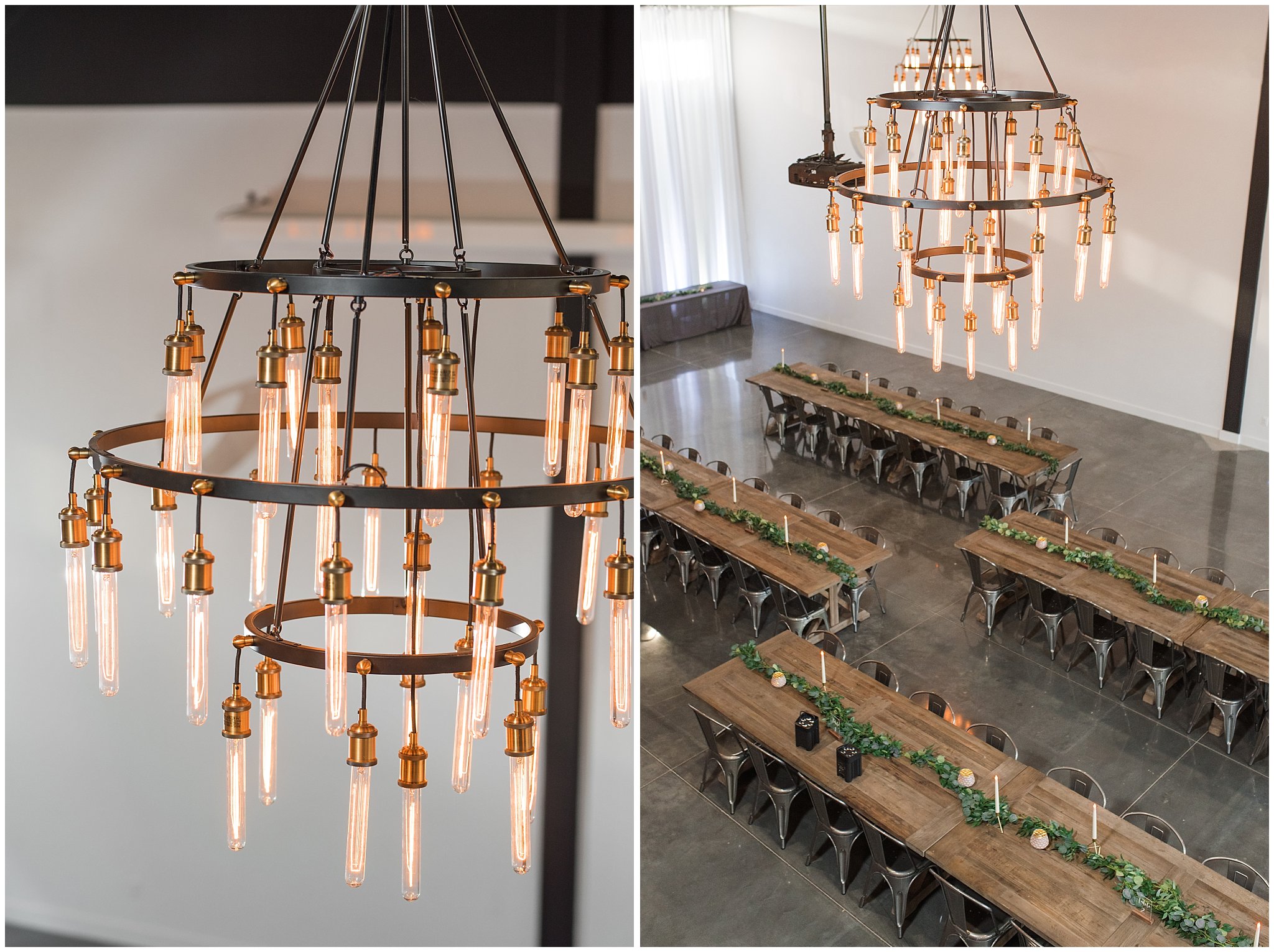 Industrial Edison bulb chandelier and farmhouse tables | The Foundry | Utah Wedding Venue | Shout-out Saturday | Jessie and Dallin Photography