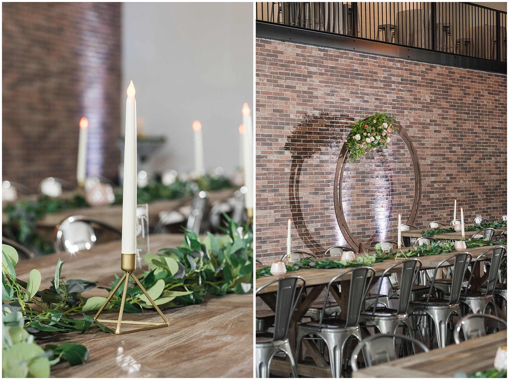 Wooden round floral arch, Industrial Edison bulb chandelier and farmhouse tables | The Foundry | Utah Wedding Venue | Shout-out Saturday | Jessie and Dallin Photography
