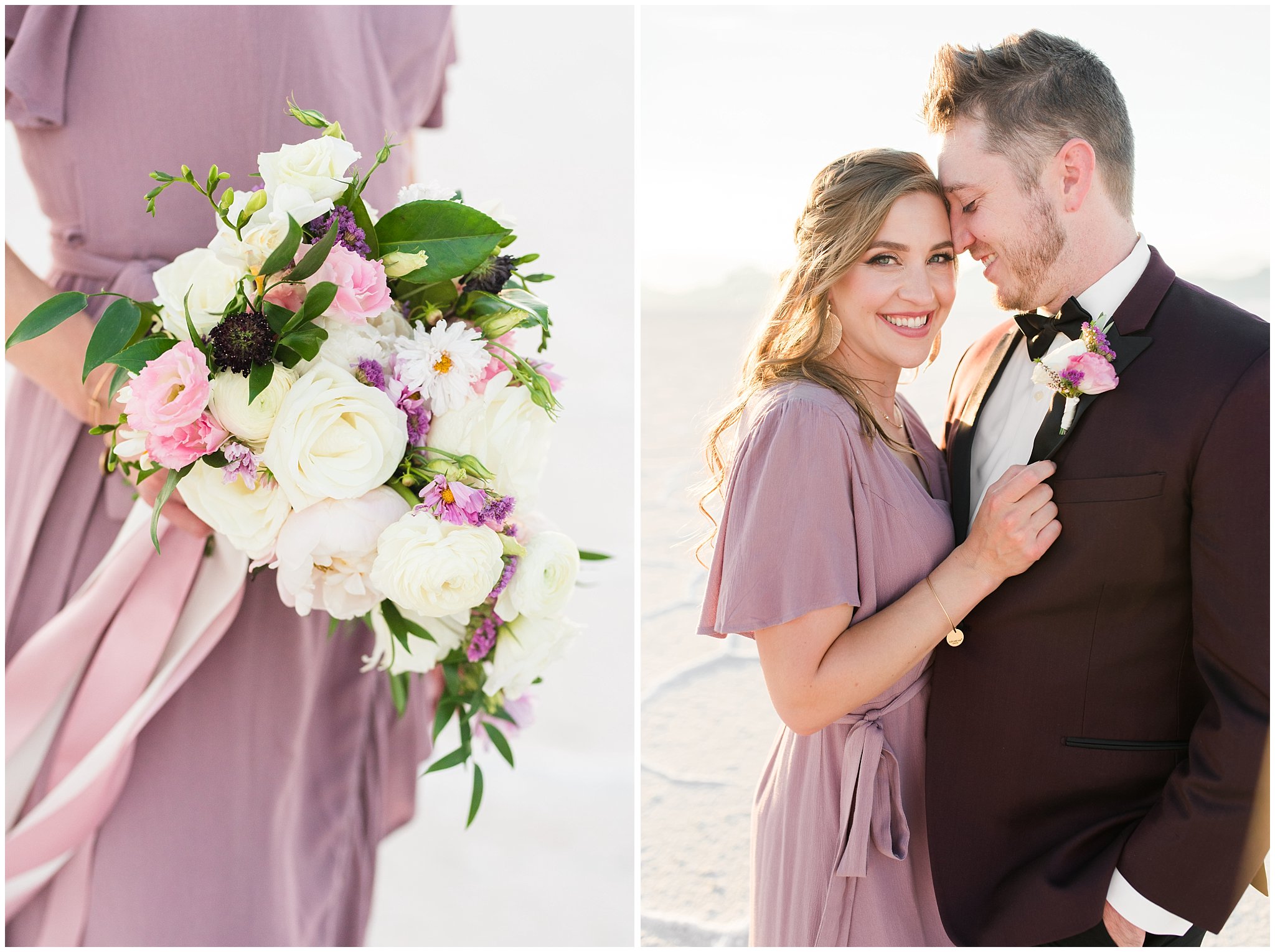 Couple in dusty rose dress and burgundy suit with white and pink bouquet at the Bonneville Salt Flats Milky Way Anniversary Session | Jessie and Dallin Photography