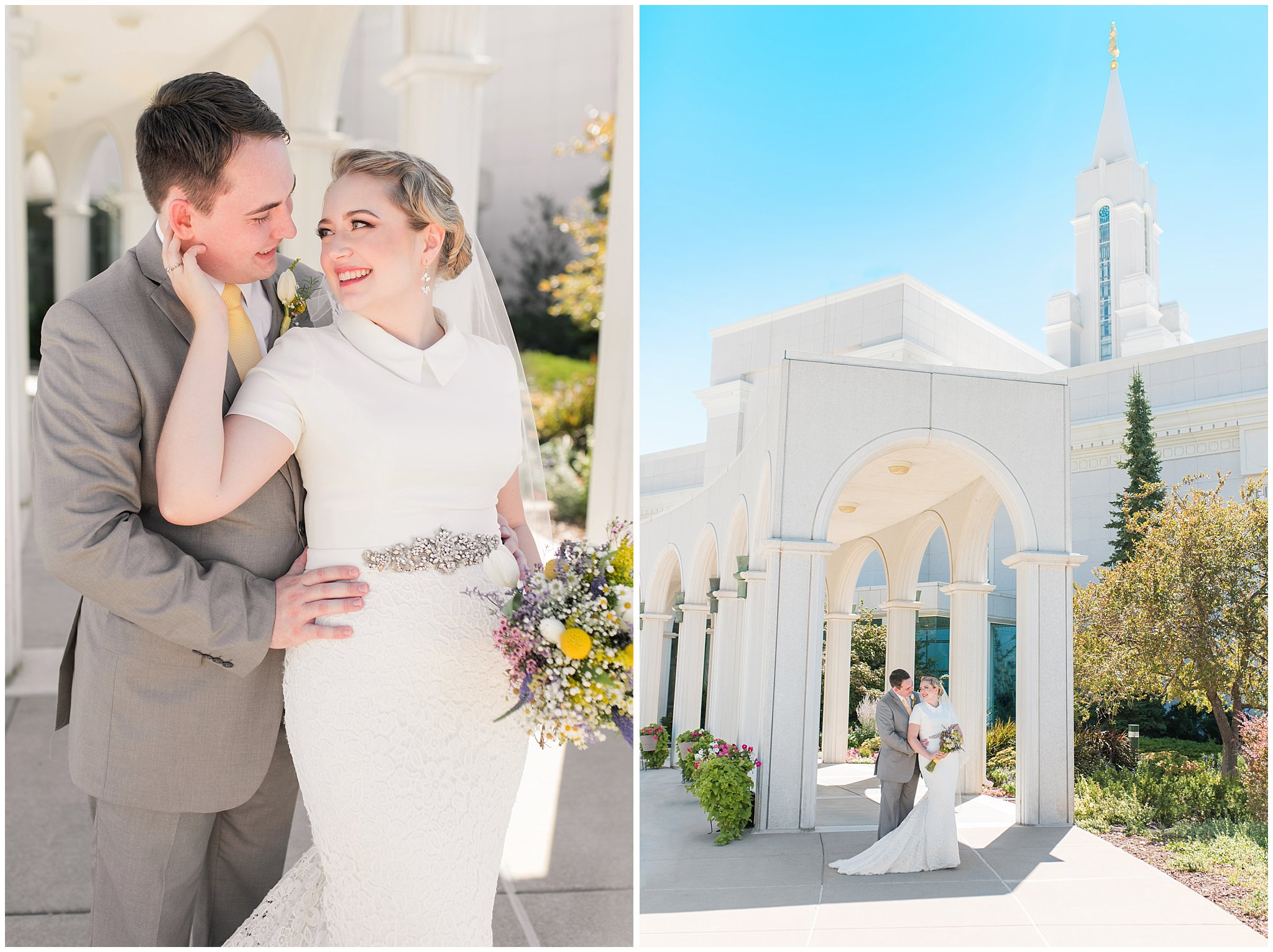 Bride and groom vintage wedding portraits at the Bountiful Temple in the summer with wildflower bouquet | Fountain View Event Venue and Bountiful Temple Wedding | Jessie and Dallin Photography