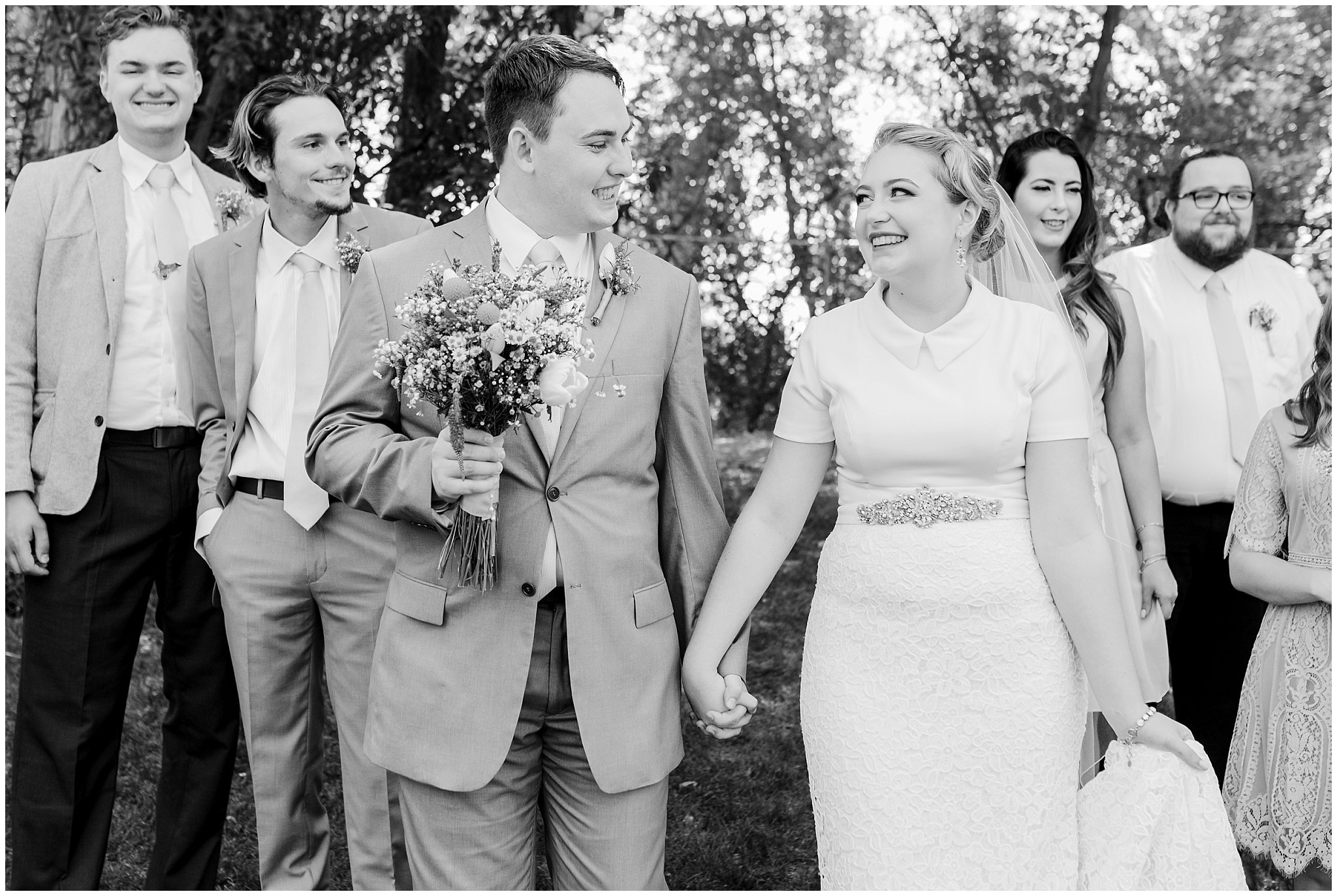 Wedding party in lavender dresses and yellow ties with wildflowers | Fountain View Event Venue and Bountiful Temple Wedding | Jessie and Dallin Photography