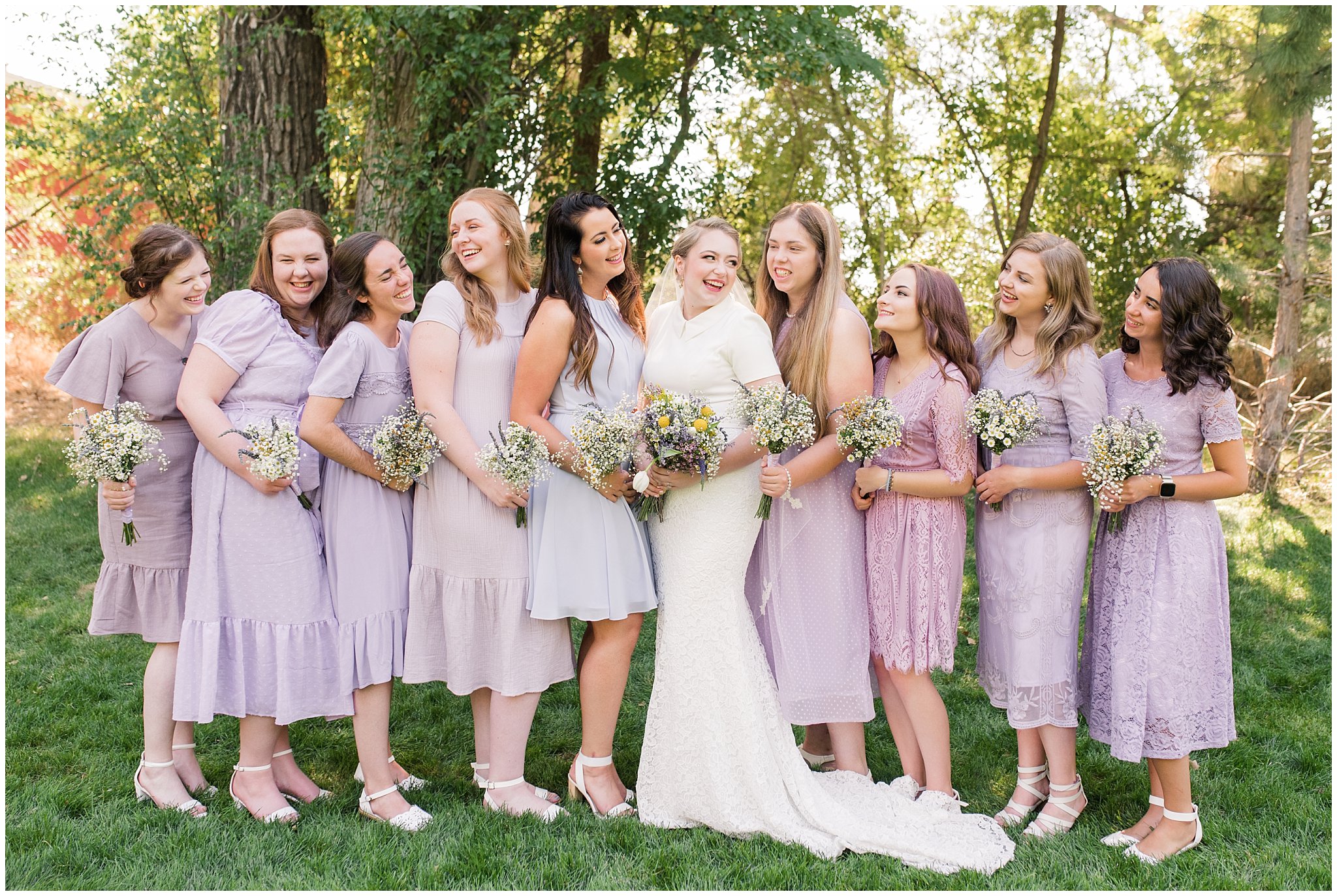 Wedding party in lavender dresses and yellow ties with wildflowers | Fountain View Event Venue and Bountiful Temple Wedding | Jessie and Dallin Photography