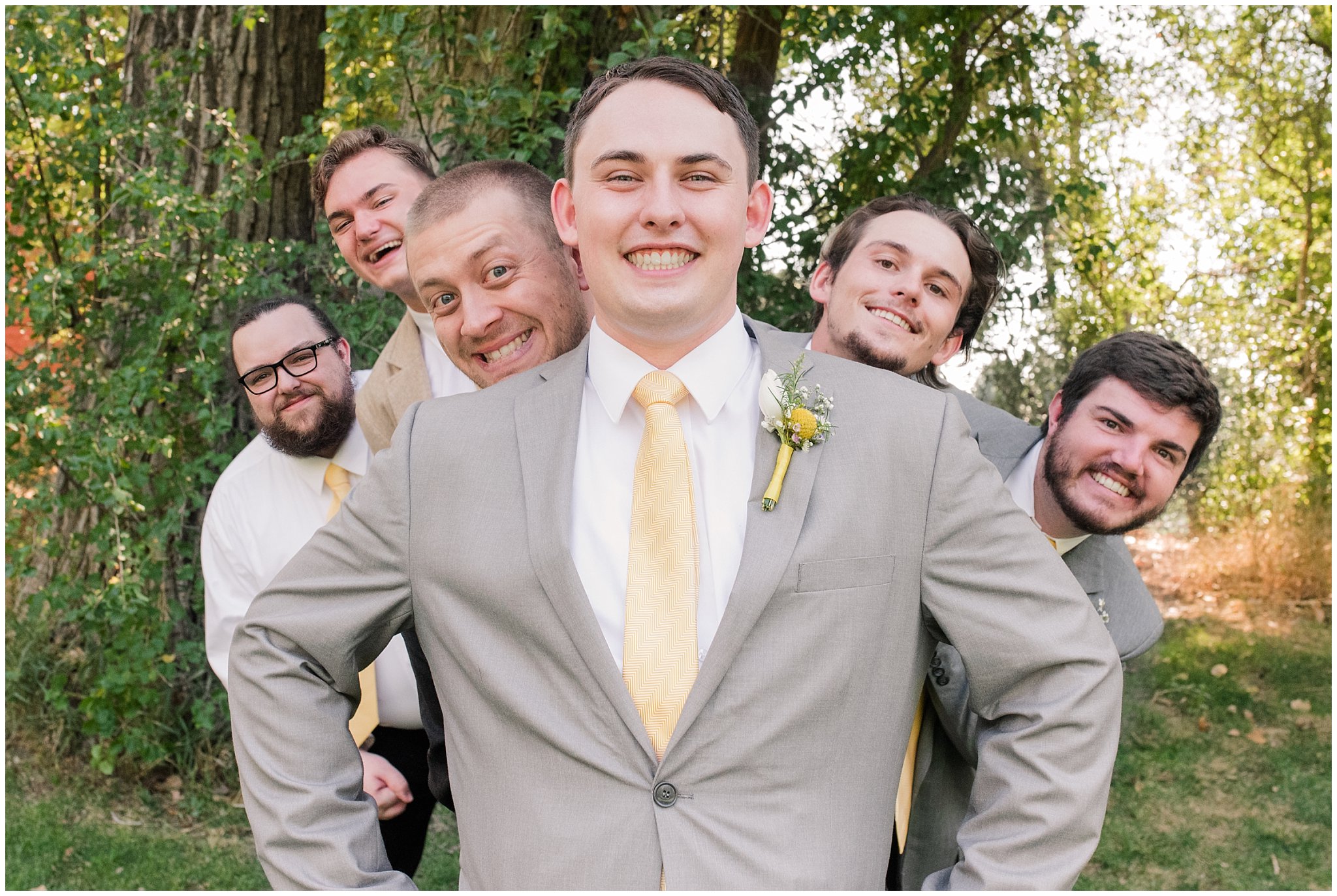 Goofy groomsmen in yellow ties | Fountain View Event Venue and Bountiful Temple Wedding | Jessie and Dallin Photography