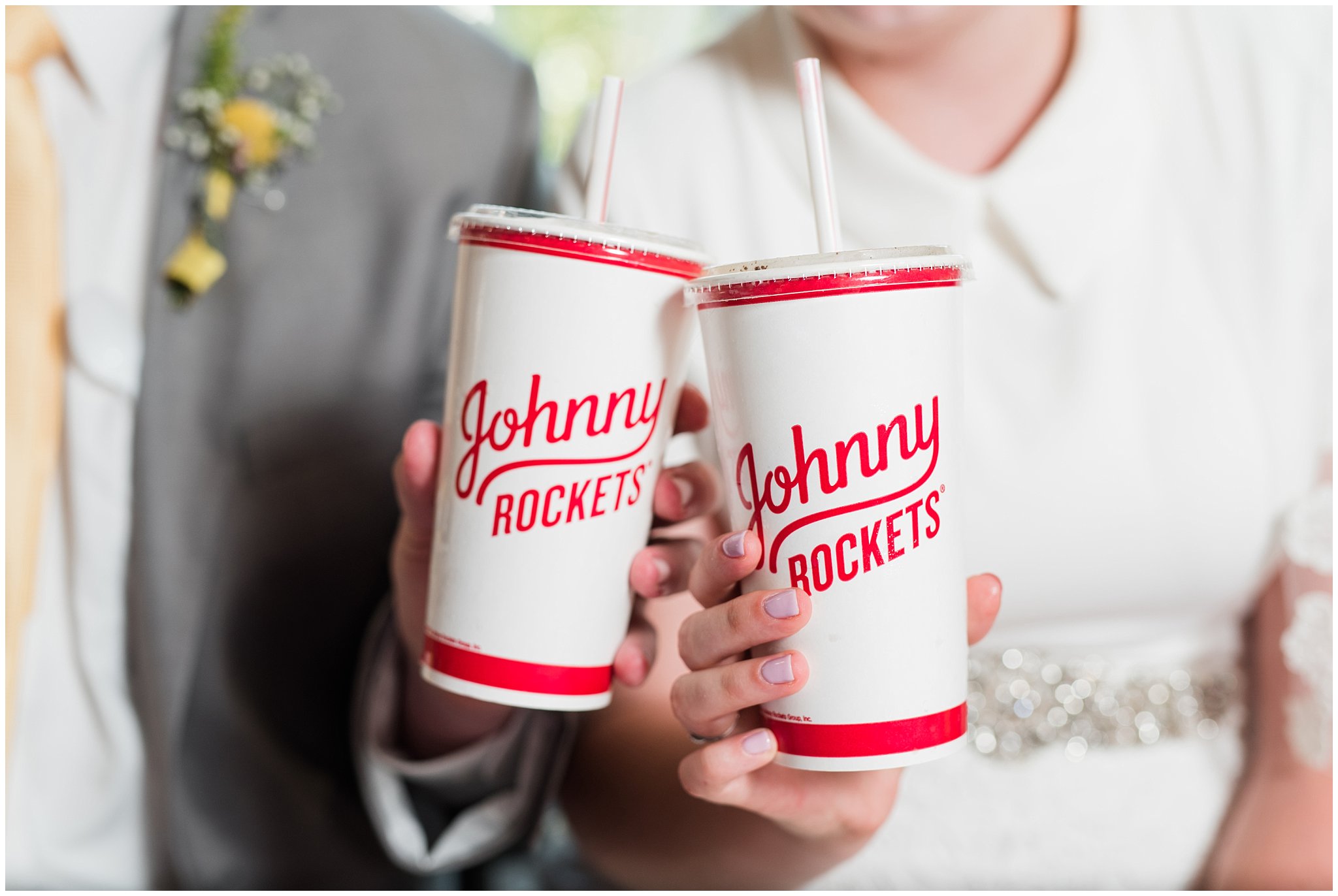 Bride and groom with Johnny Rockets shakes at wedding dinner | Fountain View Event Venue and Bountiful Temple Wedding | Jessie and Dallin Photography