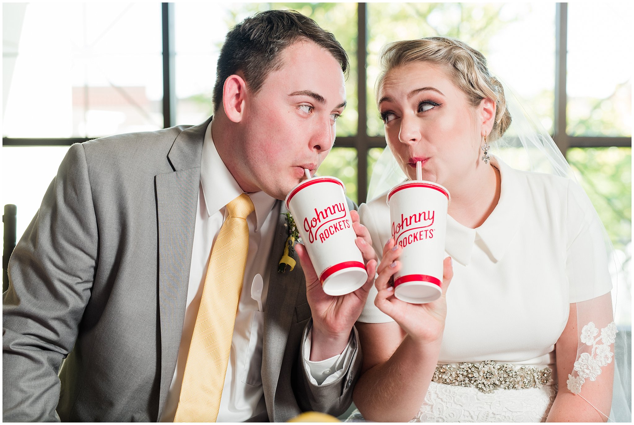Bride and groom with Johnny Rockets shakes at wedding dinner | Fountain View Event Venue and Bountiful Temple Wedding | Jessie and Dallin Photography