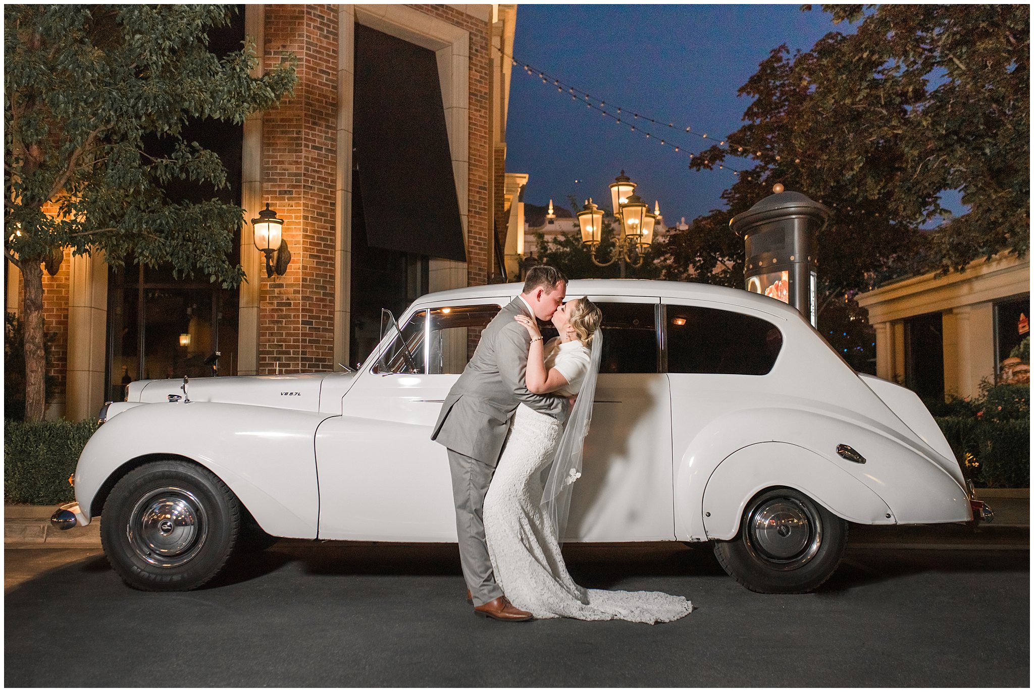 Classic Car bride and groom portraits at night at Fountain View Event Venue at Station Park | Fountain View Event Venue and Bountiful Temple Wedding | Jessie and Dallin Photography