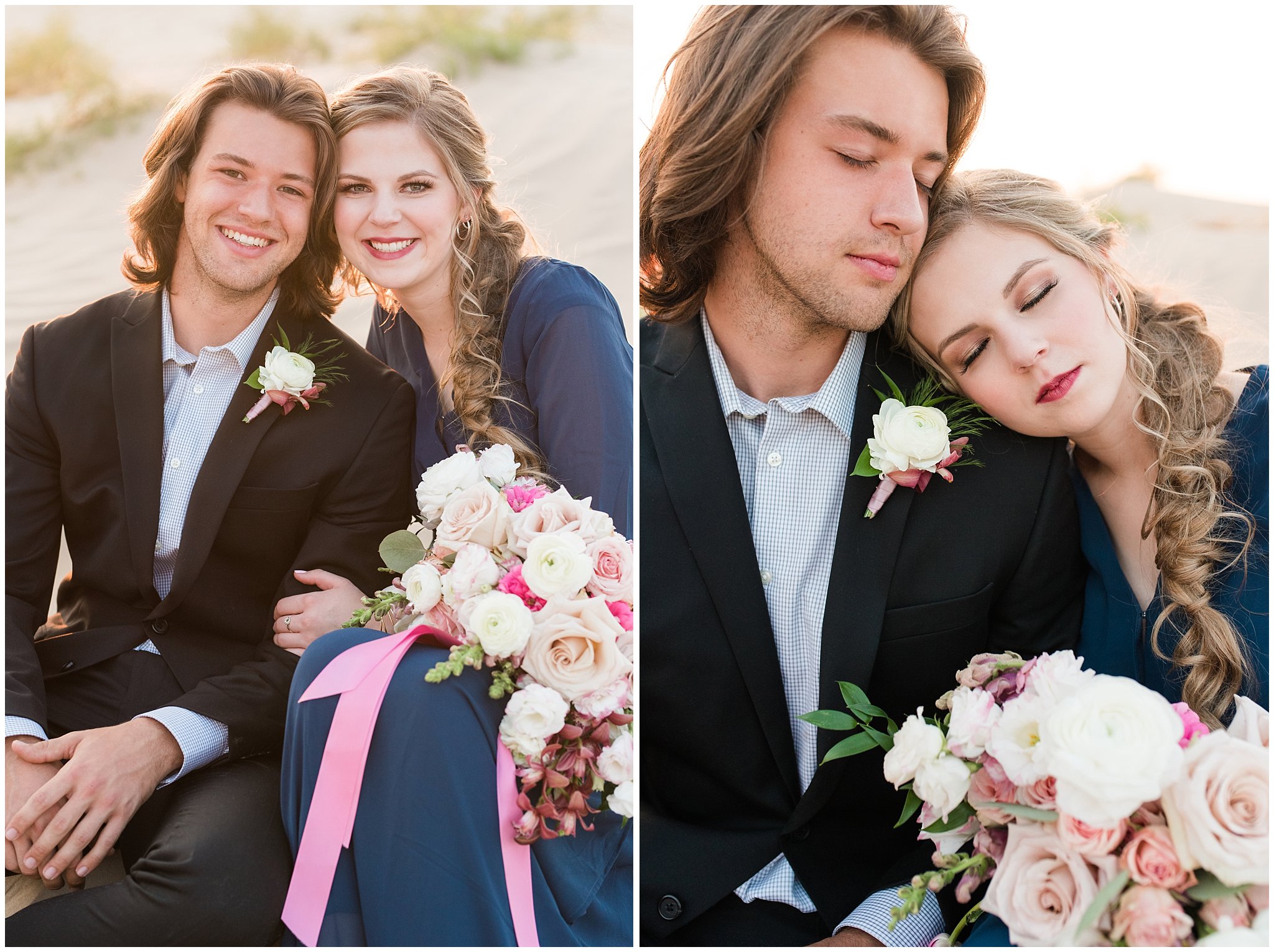 Couple dressed in black suit and blue flowy dress with white and pink orchid floral bouquet during couples session | Little Sahara Sand Dunes Milky Way Engagement Session
