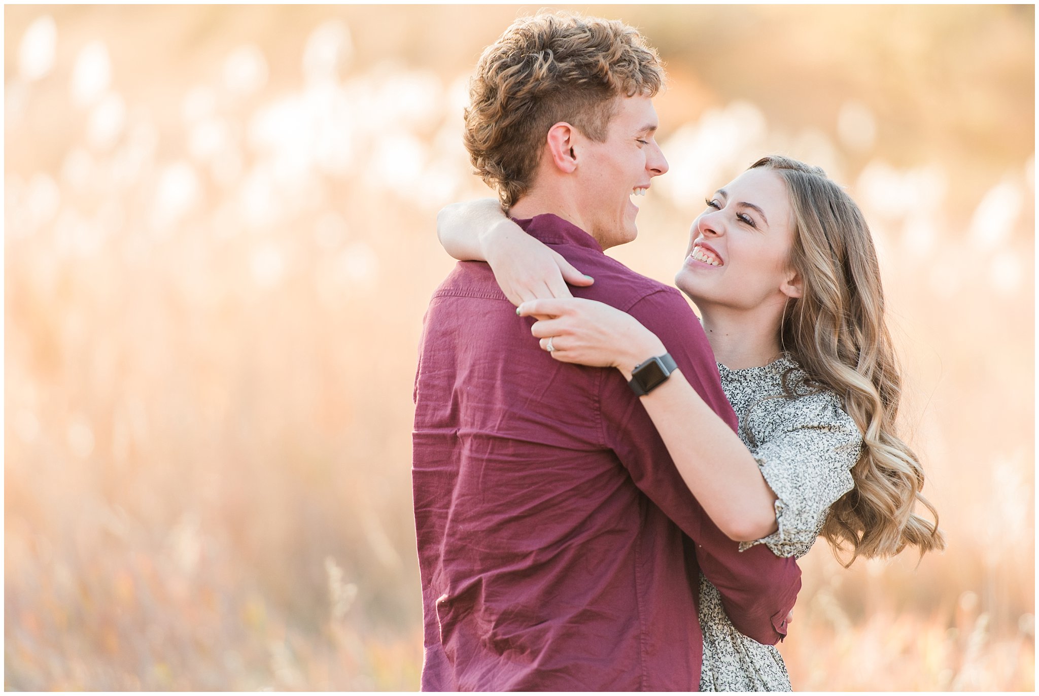 Candid photos of couple in formal outfit | Utah Fall Engagement Session in a Golden Field | Jessie and Dallin Photography