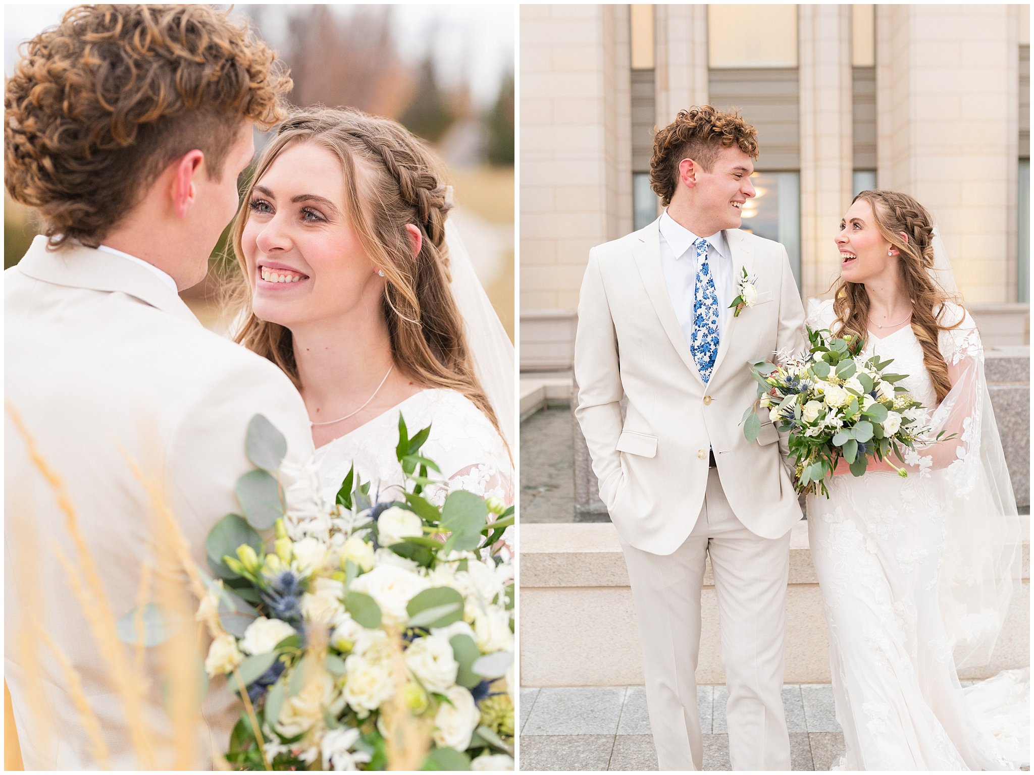 Bride and groom portraits at the temple. Groom in cream colored suit with blue floral tie and bride with lace dress and white floral bouquet. | Oquirrh Mountain Temple and Draper Day Barn Winter Wedding | Jessie and Dallin Photography