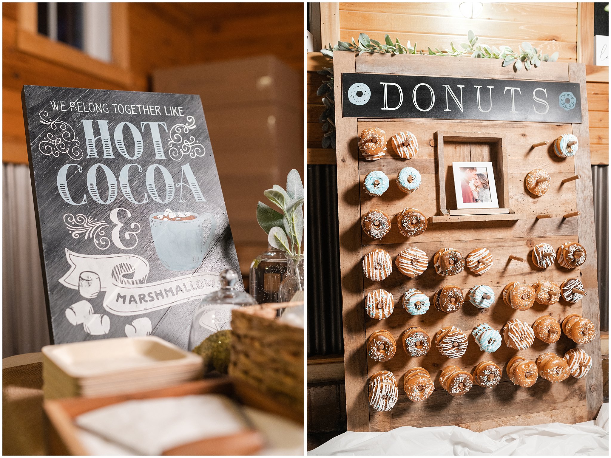 Reception details with wooden donut wall, and chalk board hot cocoa sign | Oquirrh Mountain Temple and Draper Day Barn Winter Wedding | Jessie and Dallin Photography