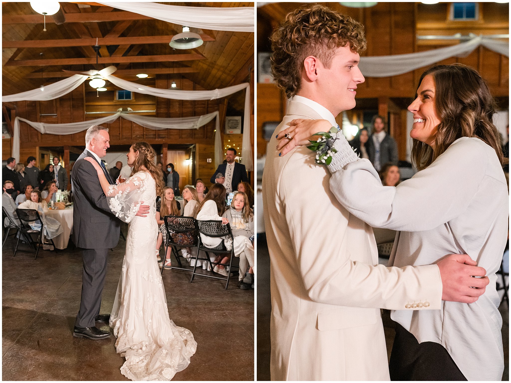 Father Daughter and Mother Son dances at reception | Oquirrh Mountain Temple and Draper Day Barn Winter Wedding | Jessie and Dallin Photography
