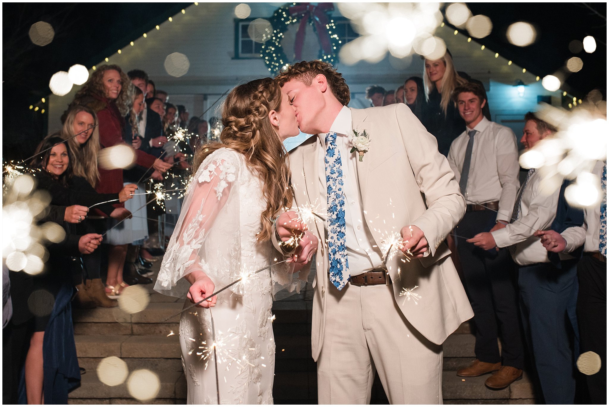 Fun and exciting sparkler exit during barn wedding | Oquirrh Mountain Temple and Draper Day Barn Winter Wedding | Jessie and Dallin Photography