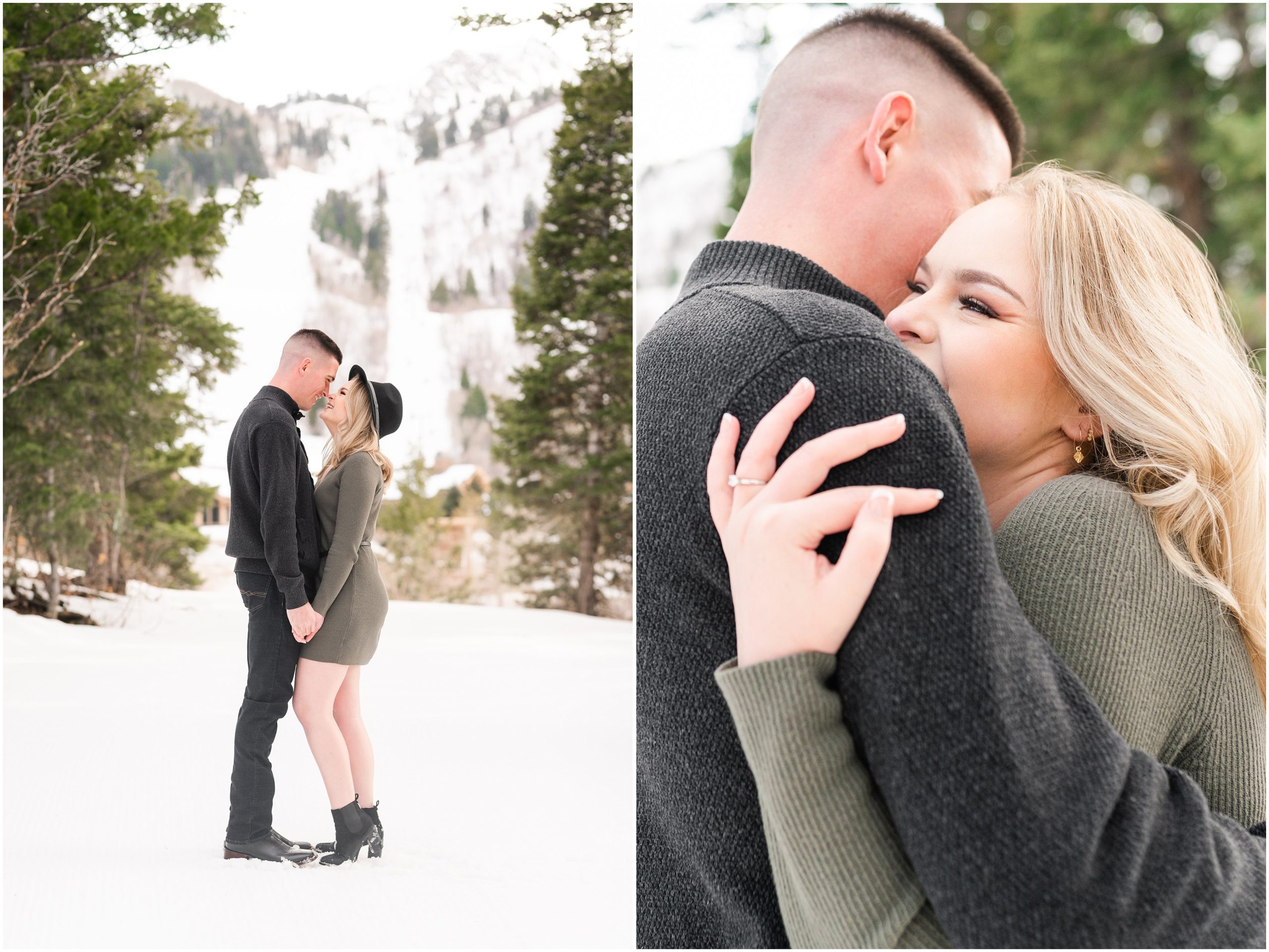 Couple in the snow during mountain destination engagement session in Utah | Wearing olive colored dress with black floppy hat and black sweater and black pants | Snowbasin Resort Snowy Engagement Session | Jessie and Dallin Photography