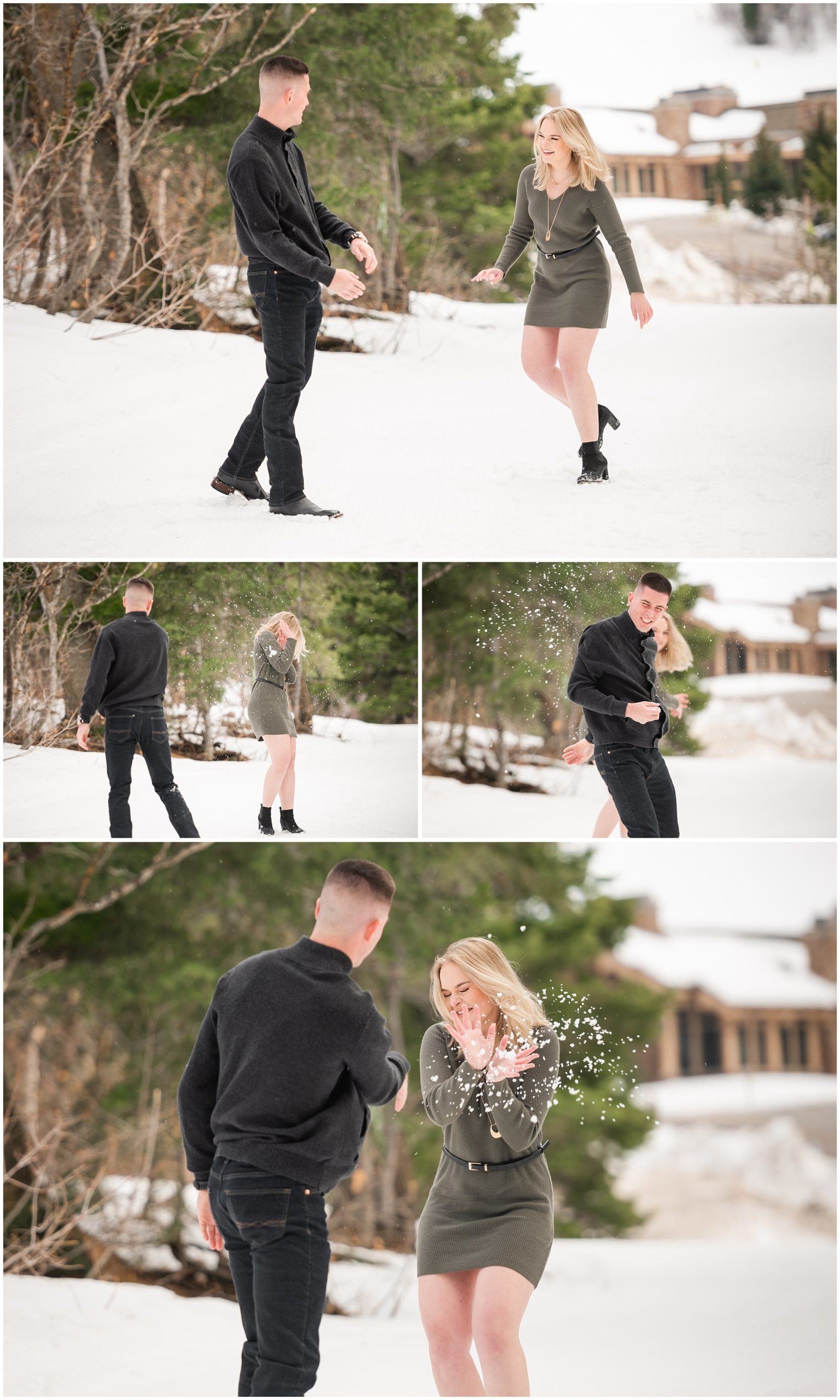 Couple having snowball fight in the snow during mountain destination engagement session in Utah | Wearing olive colored dress with black floppy hat and black sweater and black pants | Snowbasin Resort Snowy Engagement Session | Jessie and Dallin Photography