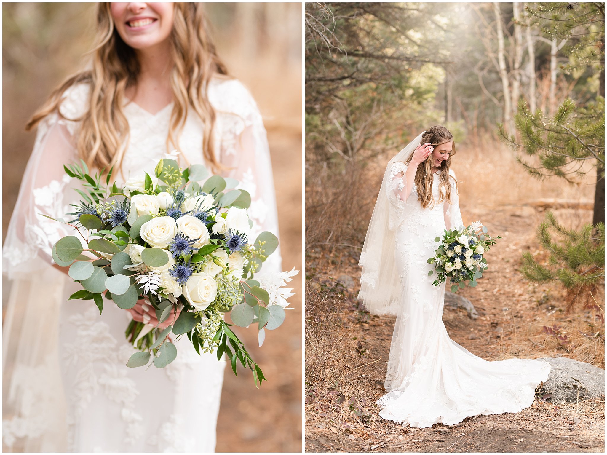 Bride in the mountains wearing lace dress with veil and white floral bouquet | Tibble Fork Winter Formal Session | Jessie and Dallin Photography