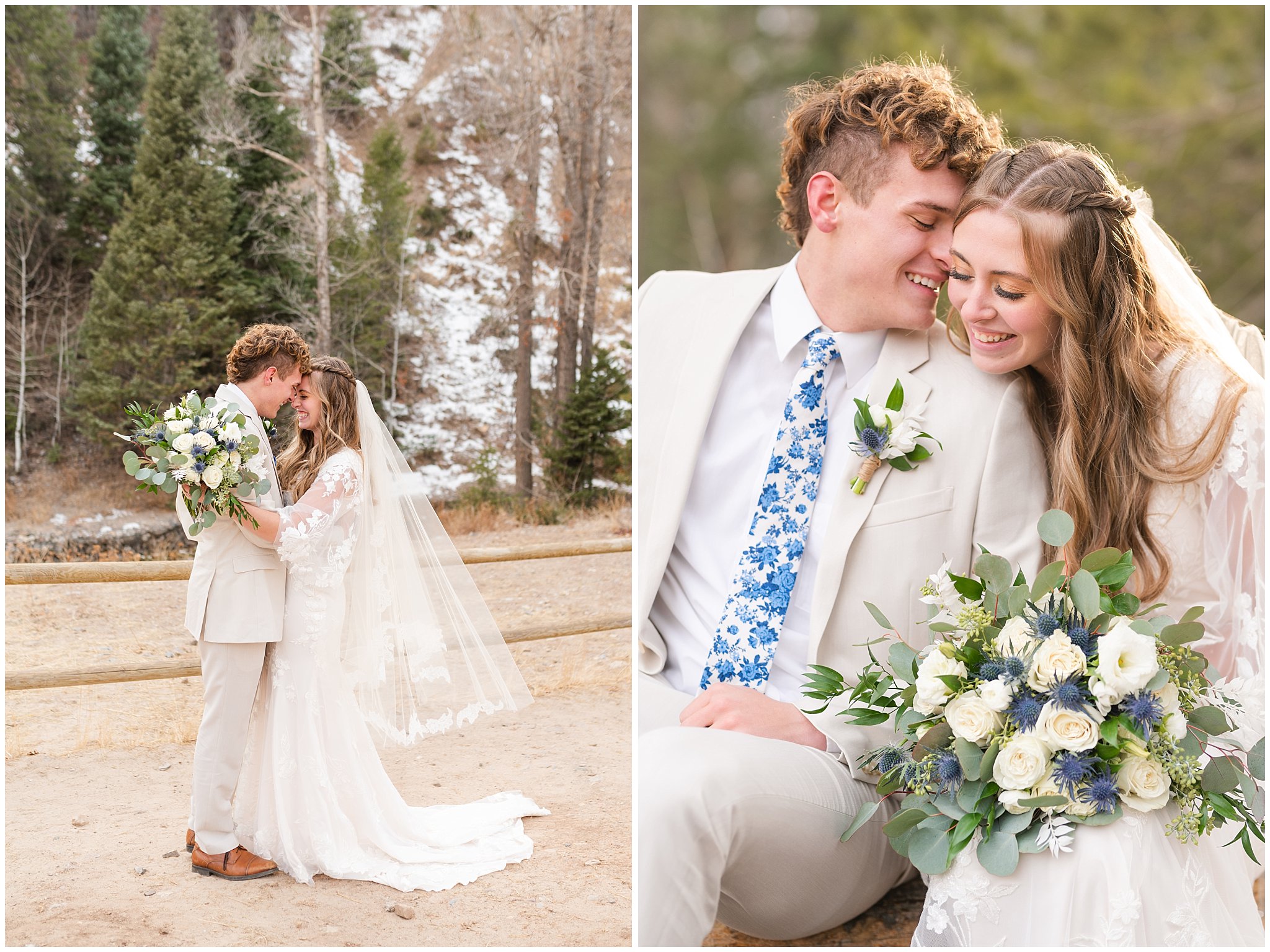 Bride and groom in the mountains wearing lace dress with veil and white floral bouquet and creme colored suit with blue tie | Tibble Fork Winter Formal Session | Jessie and Dallin Photography