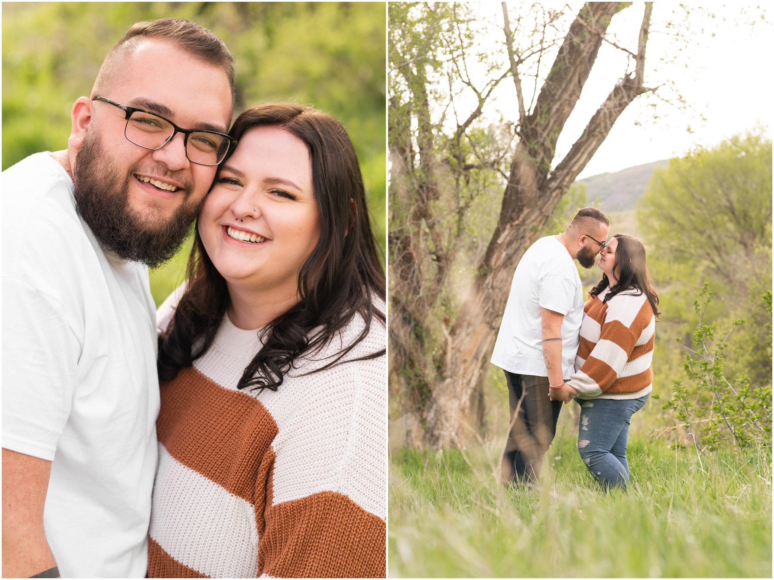 Couple in the woods and trees in causal outfit for Ogden Valley Summer Engagement Session