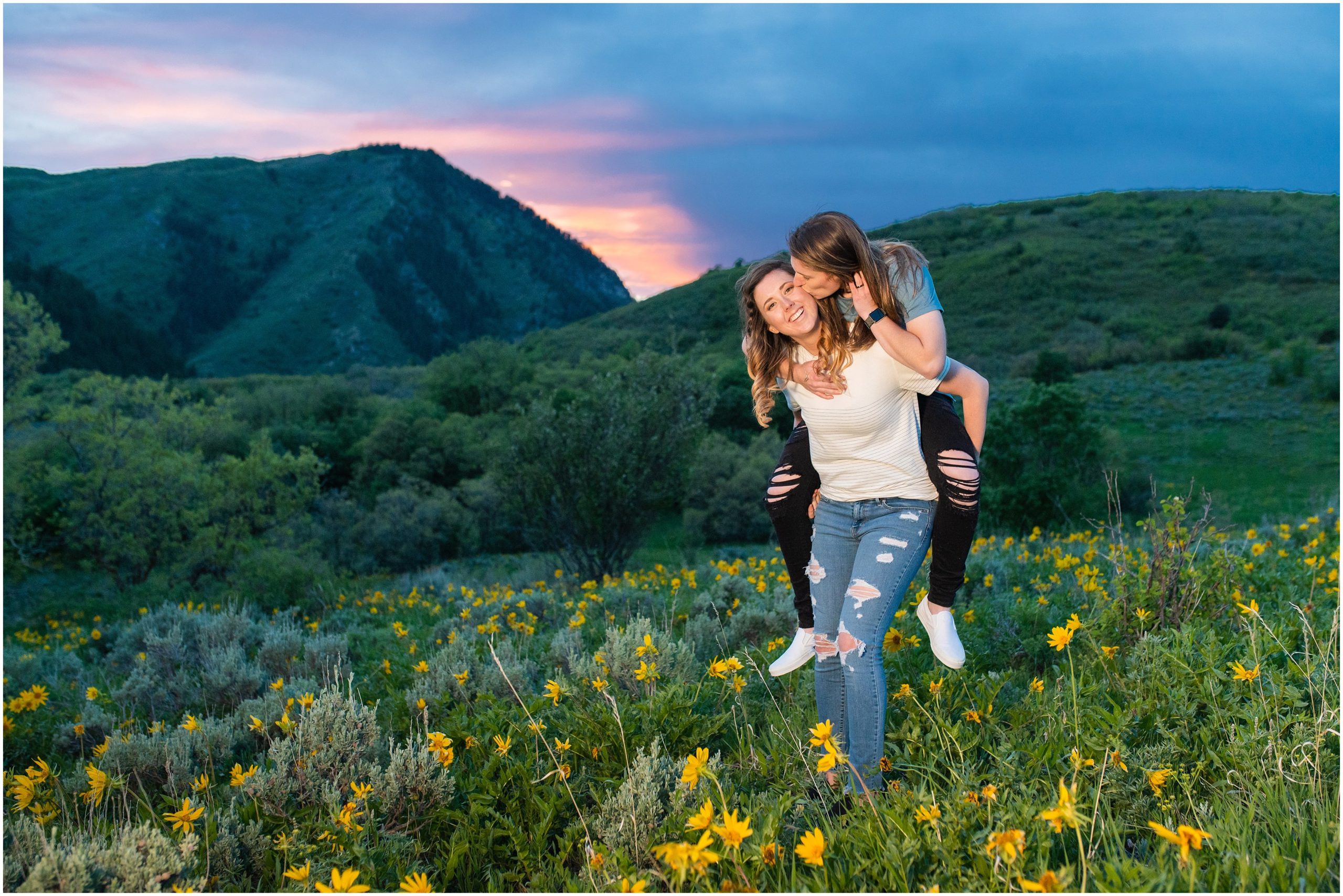 Couple in the mountains during sunset at Snowbasin | Utah Wildflower Summer Engagement Session | Jessie and Dallin Photography