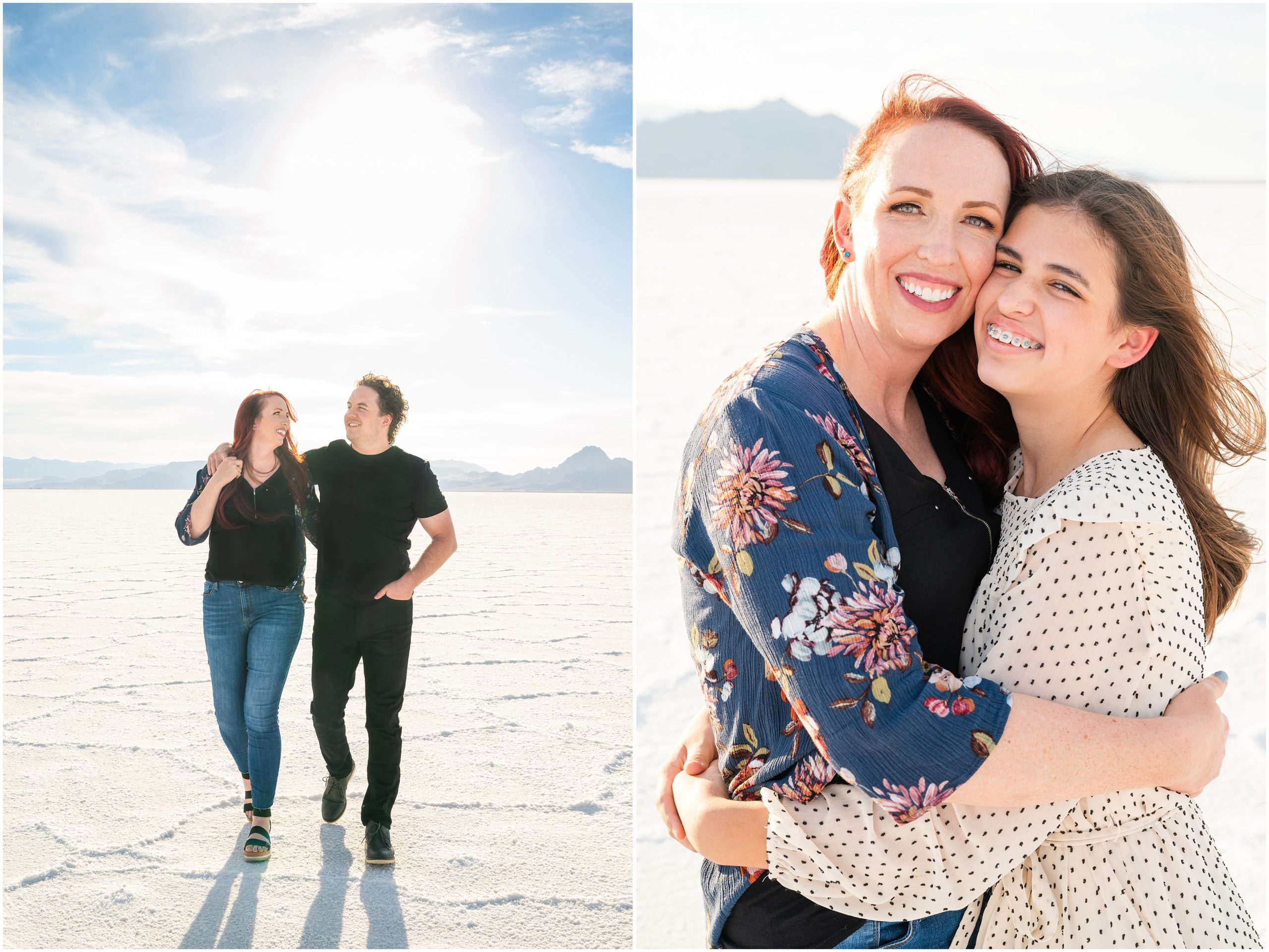 Couple during their Bonneville Salt Flats Sunset Engagement | Jessie and Dallin Photography