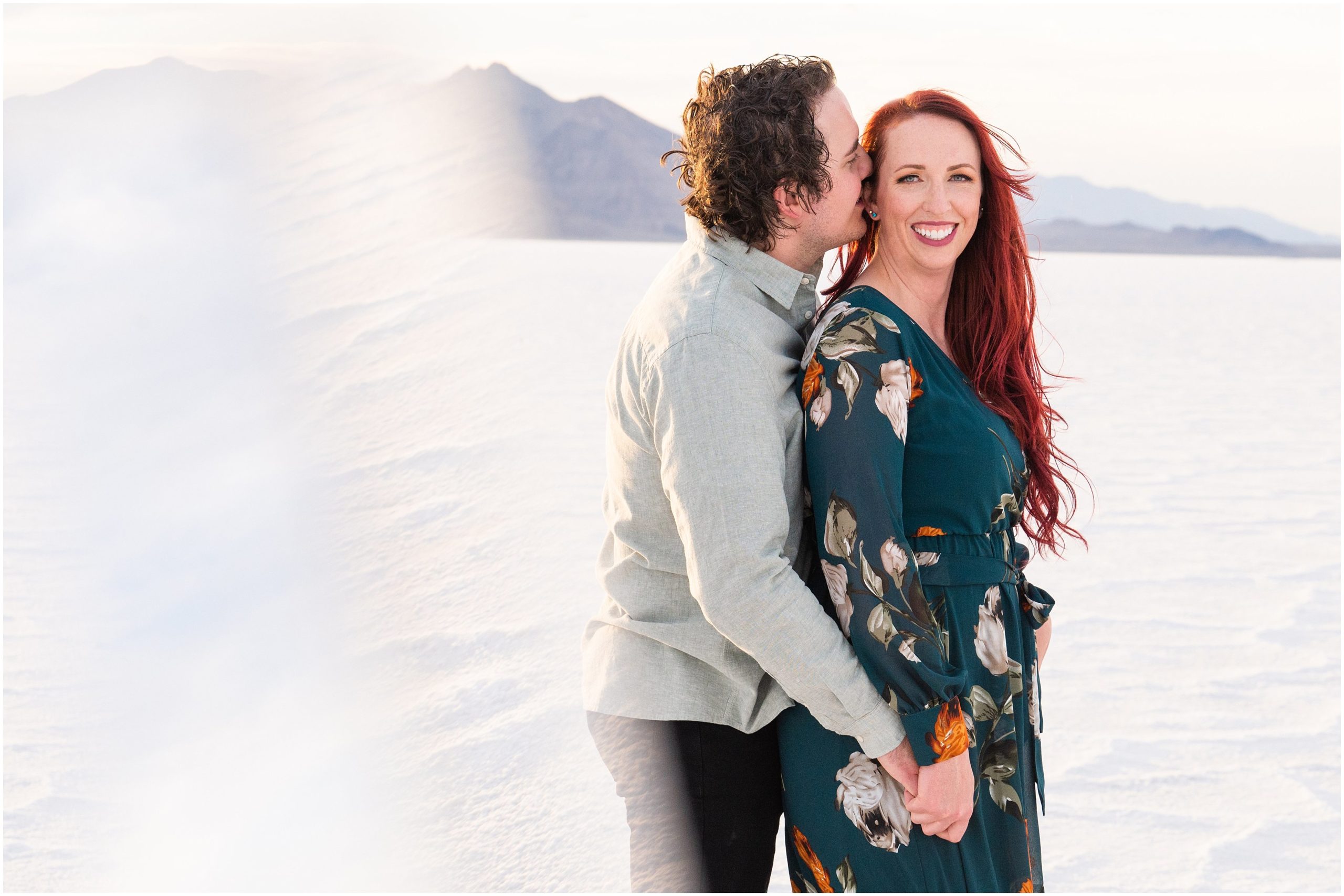 Couple during their Bonneville Salt Flats Sunset Engagement | Jessie and Dallin Photography