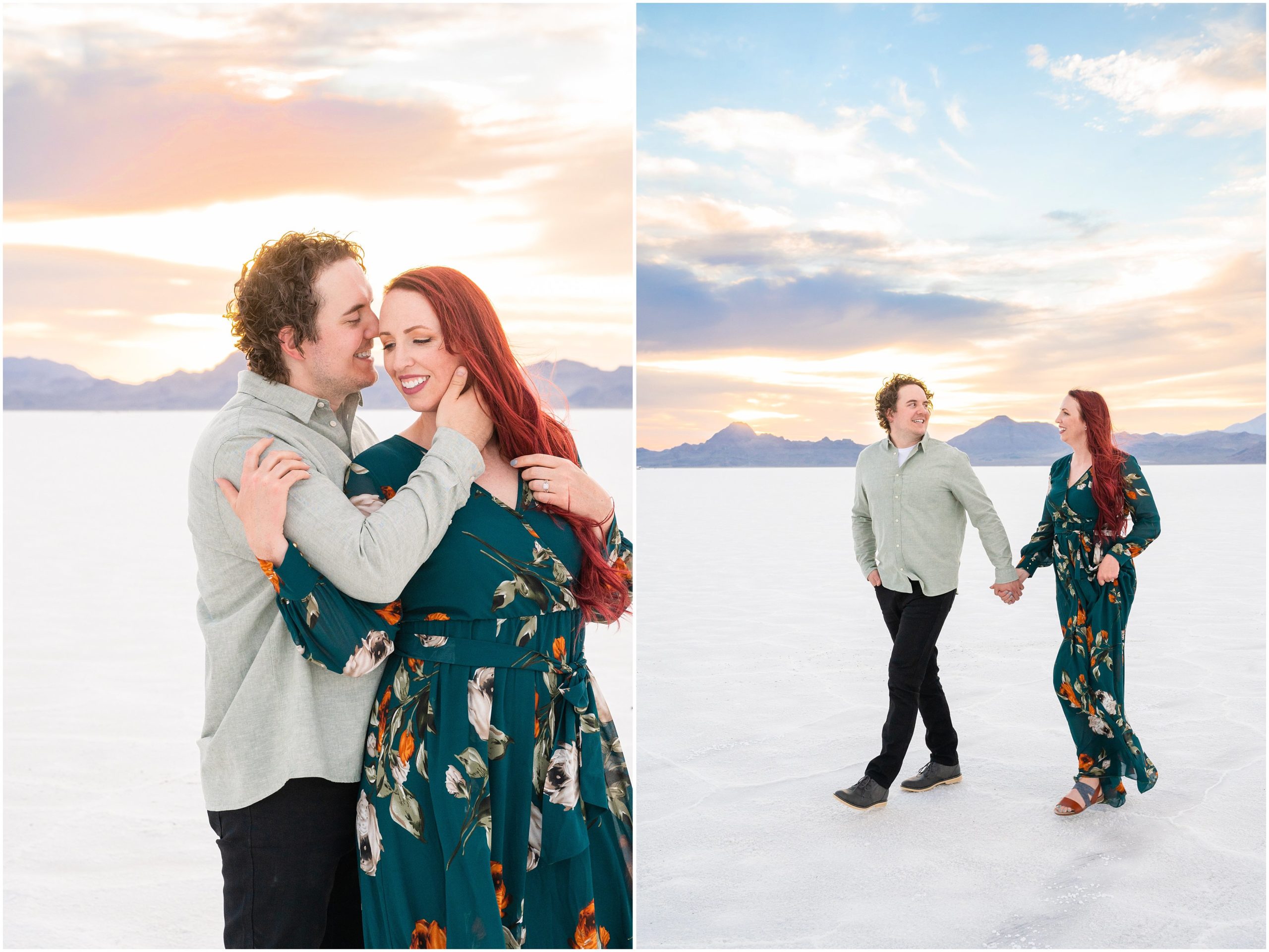 Couple during the most incredible sunset at their Bonneville Salt Flats Sunset Engagement | Jessie and Dallin Photography