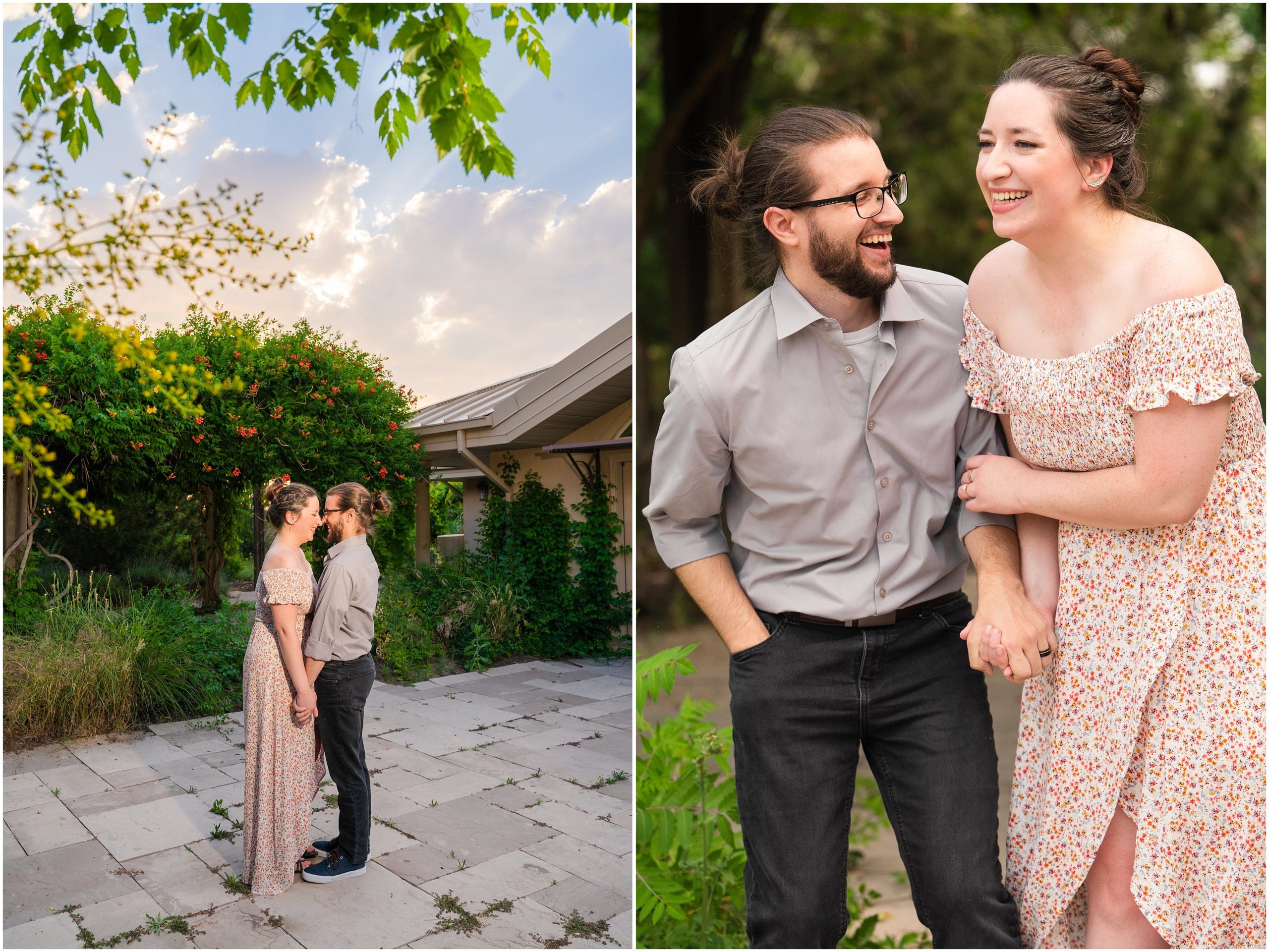 Couple laughing and having fun with an incredible sky during Utah Botanical Garden Engagement | Jessie and Dallin Photography