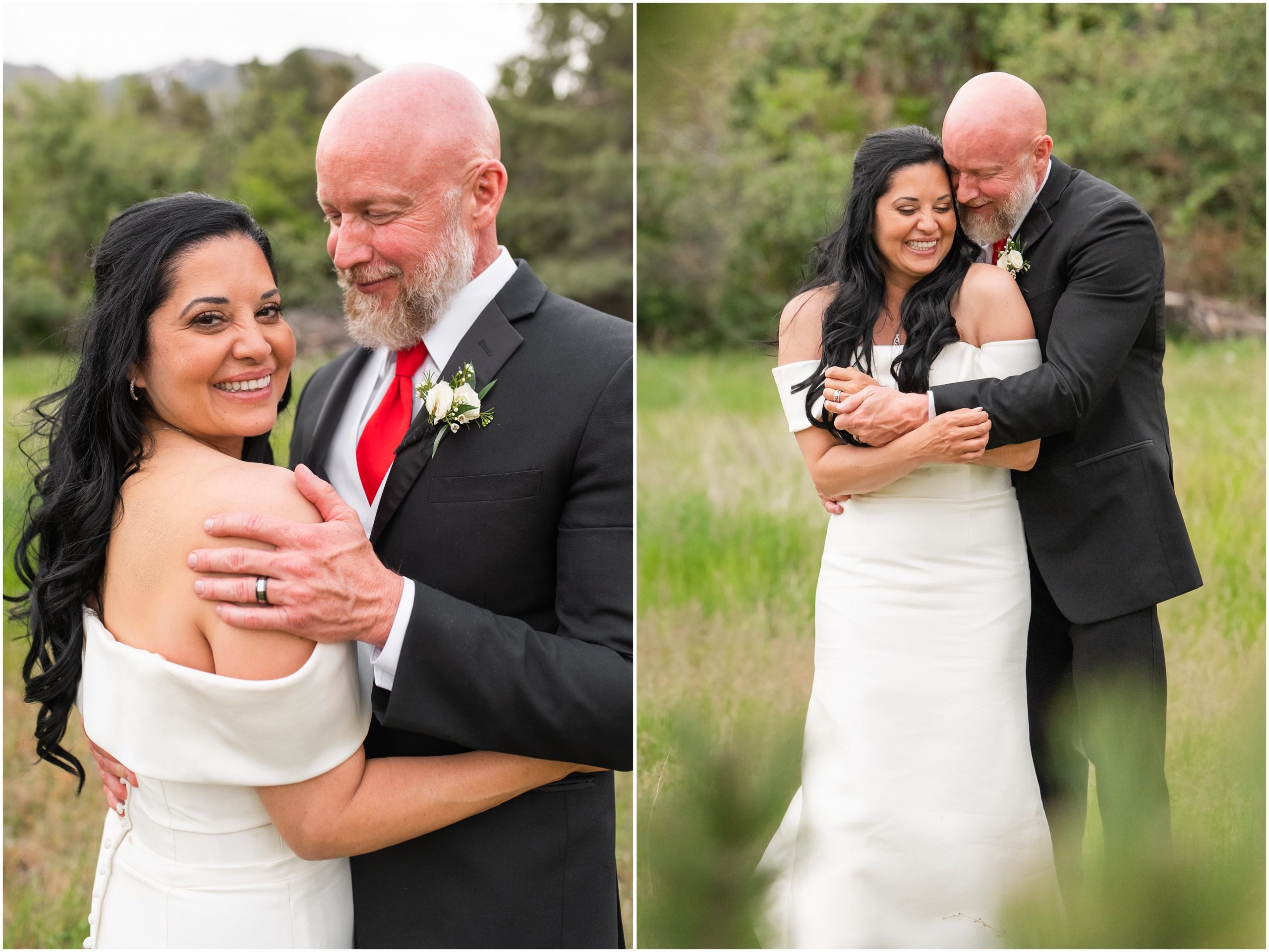 Bride and groom portraits in woods surrounded by Utah Mountains | Red and Black Oak Hills Utah Spring Wedding | Jessie and Dallin Photography
