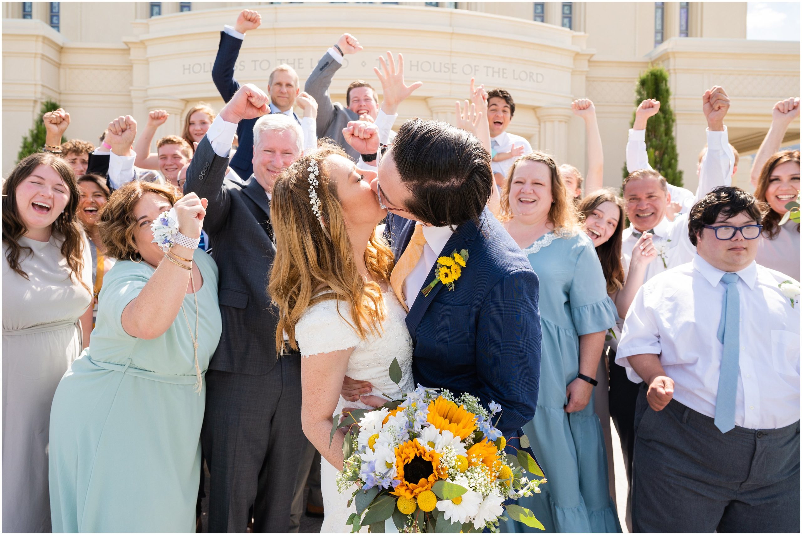 Bride and groom kiss surrounded by family | Payson Temple and White Willow Wedding | Jessie and Dallin Photography