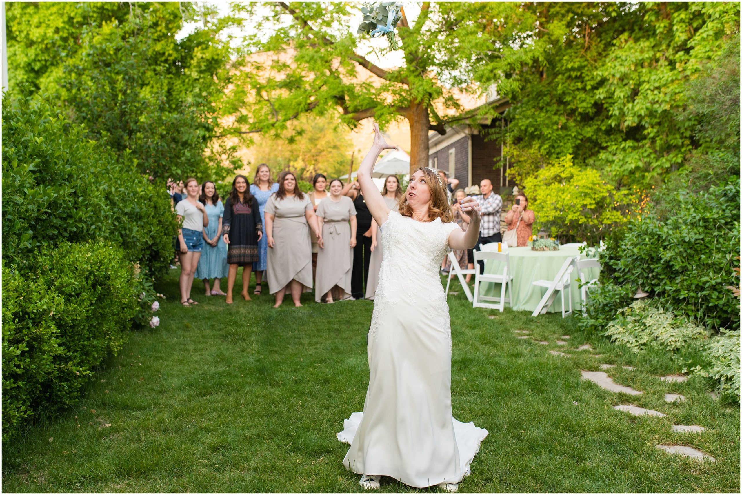 Bouquet toss at reception | Payson Temple and White Willow Wedding | Jessie and Dallin Photography